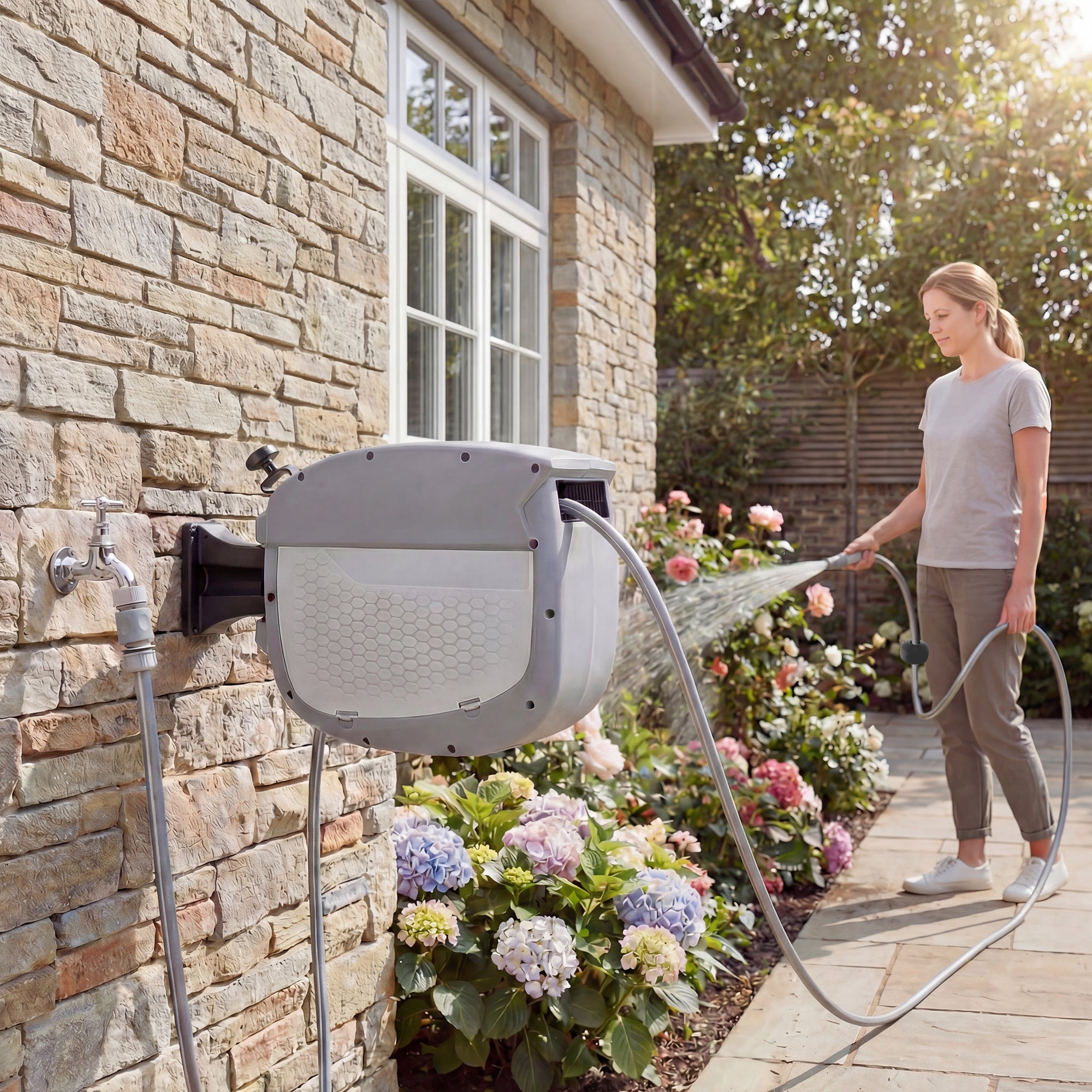 Retractable Garden Hose Reel 20 m + 1.9 m, 2-Mode Nozzle, Wall-Mount with Auto-Lock and Controlled Rewind, 180° Swivel, Gray