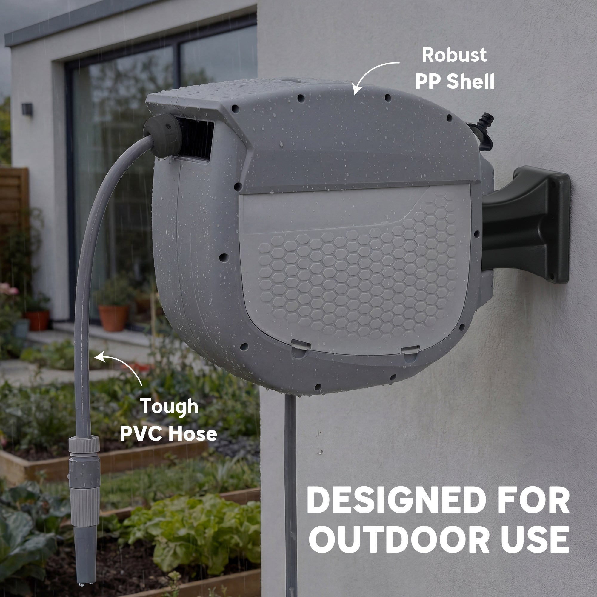 Retractable Garden Hose Reel 20 m + 1.9 m, 2-Mode Nozzle, Wall-Mount with Auto-Lock and Controlled Rewind, 180° Swivel, Gray