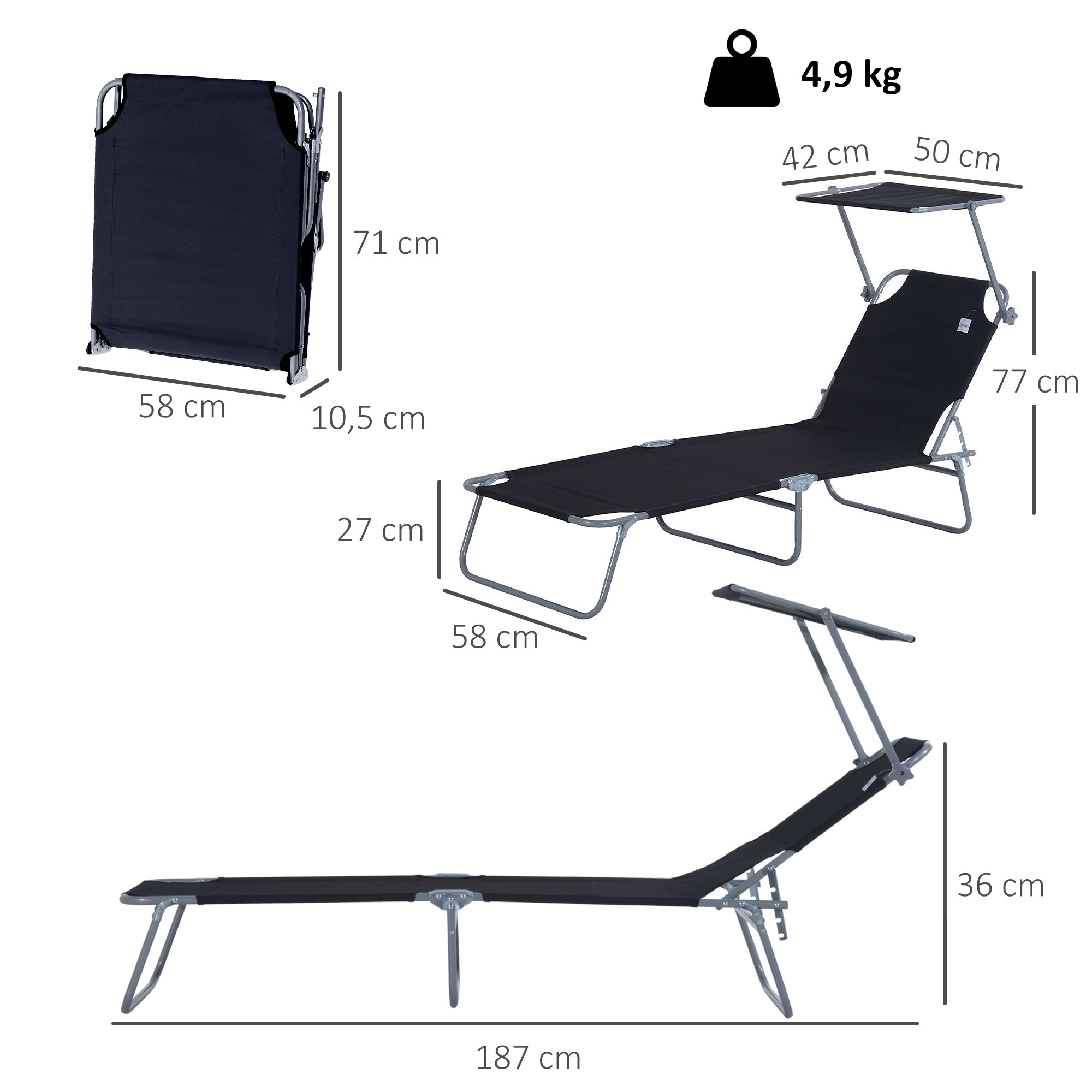 Folding Sun Lounger with Sun Protection Recliner with 4-Position Adjustable Backrest Camping Lounger Loadable up to 120kg for Garden, Balcony, and Pool, 6 Colors (Black)