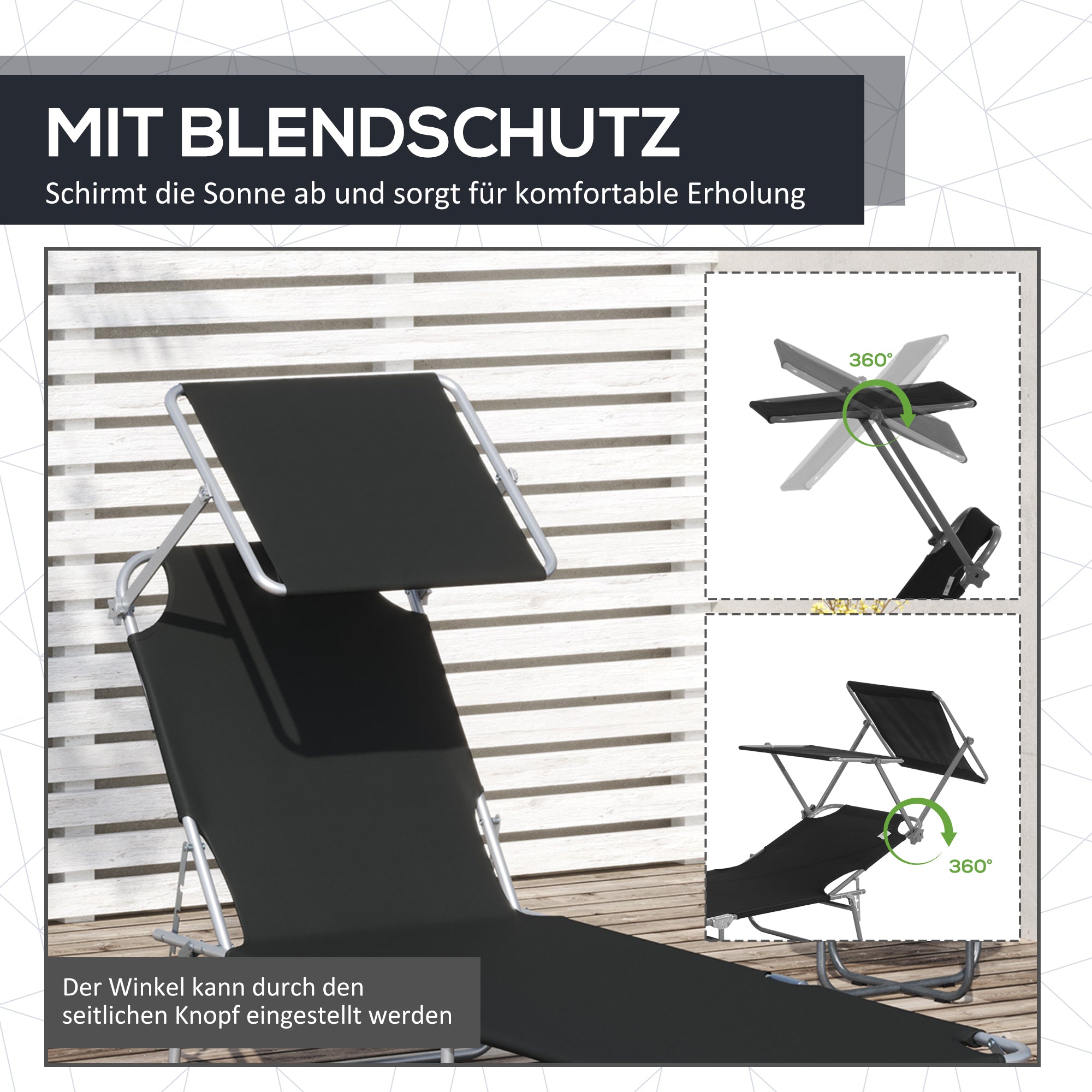 Folding Sun Lounger with Sun Protection Recliner with 4-Position Adjustable Backrest Camping Lounger Loadable up to 120kg for Garden, Balcony, and Pool, 6 Colors (Black)