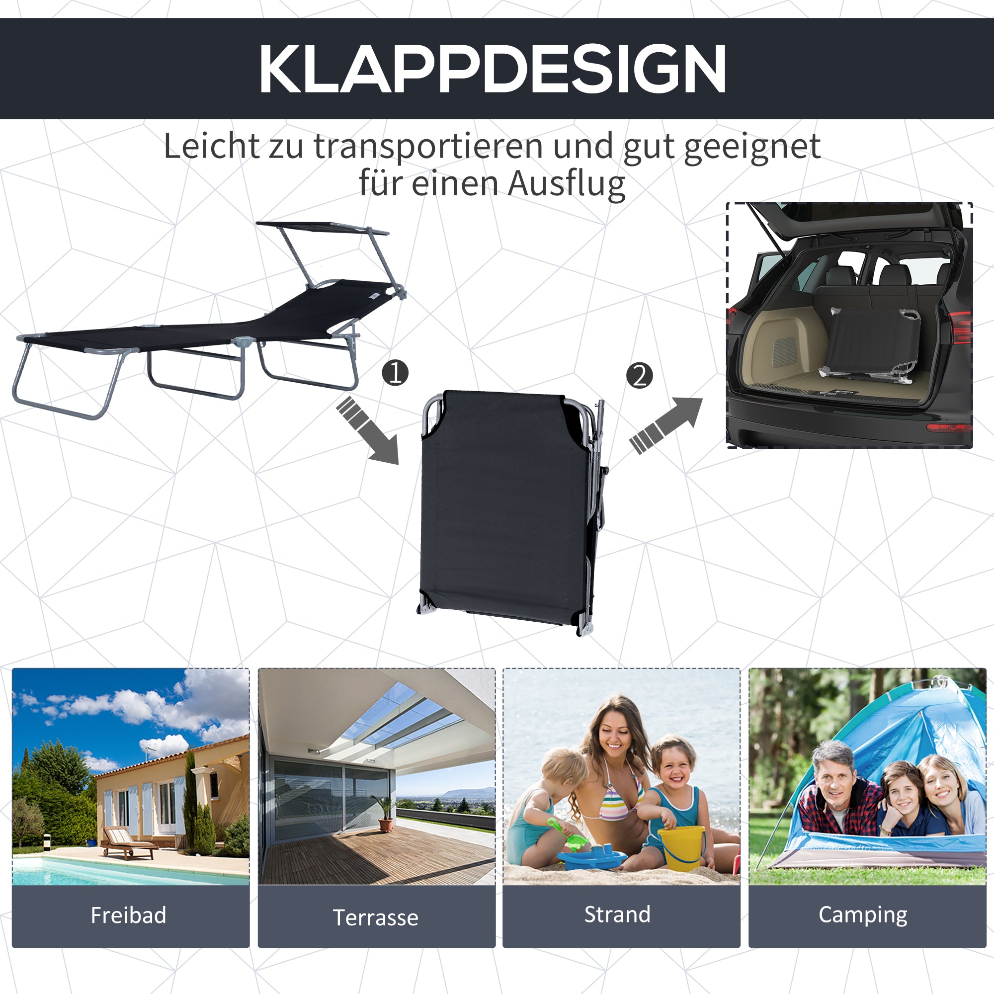 Folding Sun Lounger with Sun Protection Recliner with 4-Position Adjustable Backrest Camping Lounger Loadable up to 120kg for Garden, Balcony, and Pool, 6 Colors (Black)