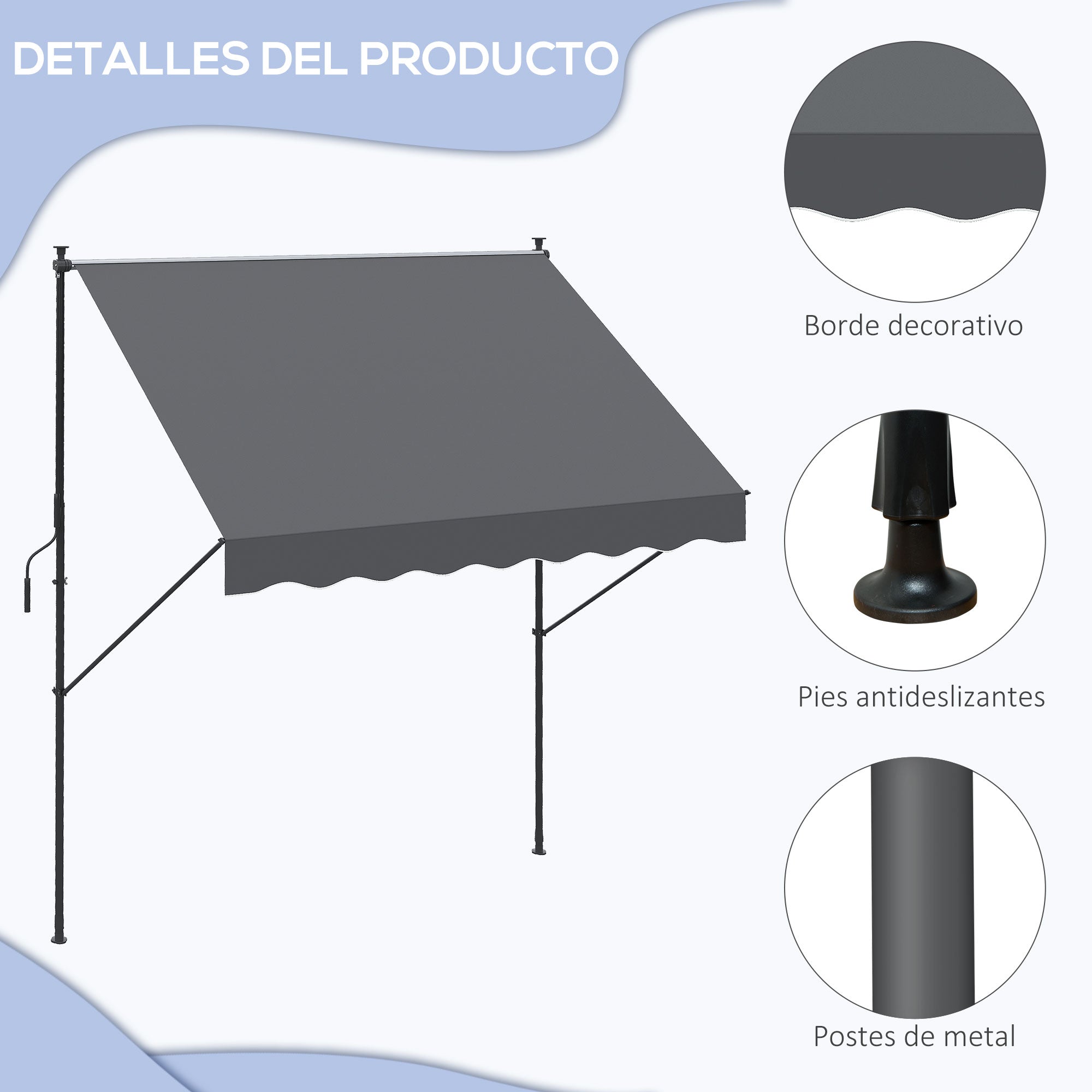 Retractable Manual Awning 200x1.75 m Exterior Terrace Roll-up Awning Adjustable Height with Crank 210-310 cm No Drill for Balcony Garden Gray
