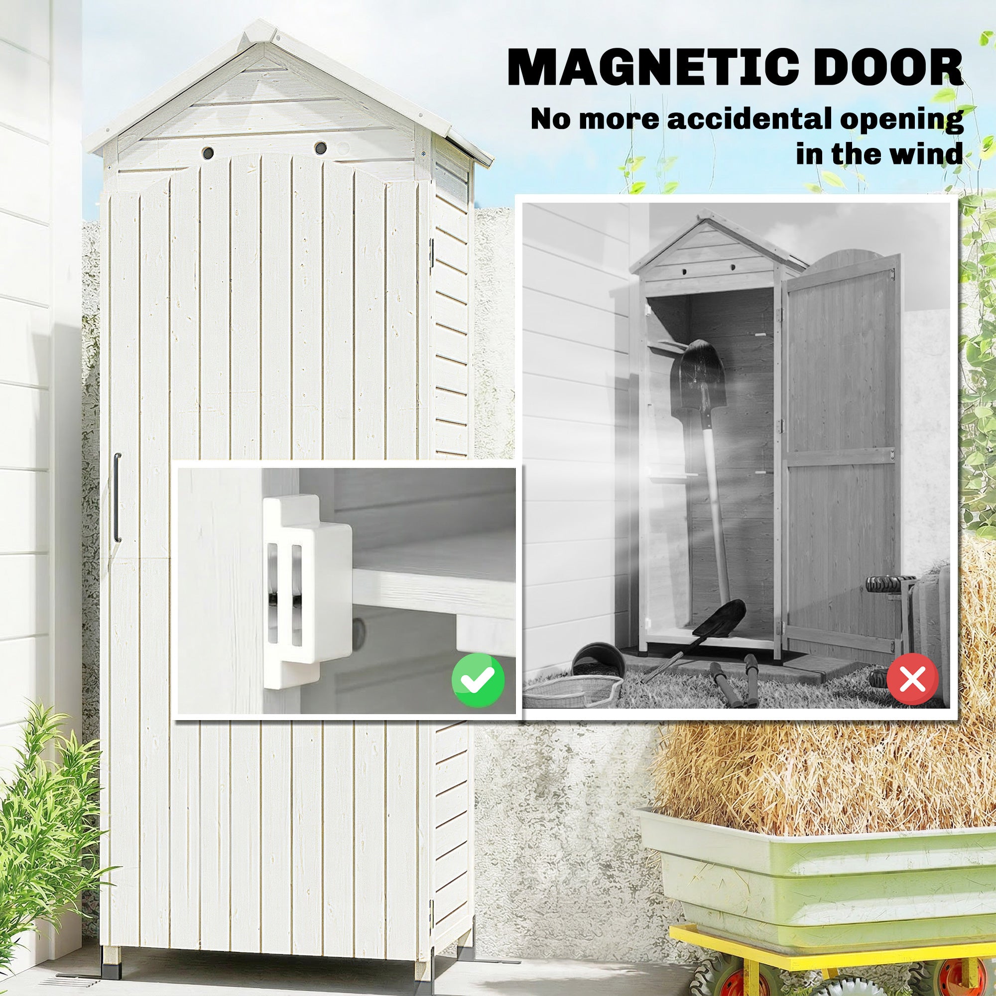 Tall Pine Garden Storage Cabinet with Adjustable Shelves, Magnetic Door & Galvanized Roof, 85 x 58 x 213 cm (33.5 x 22.8 x 84 in) — White