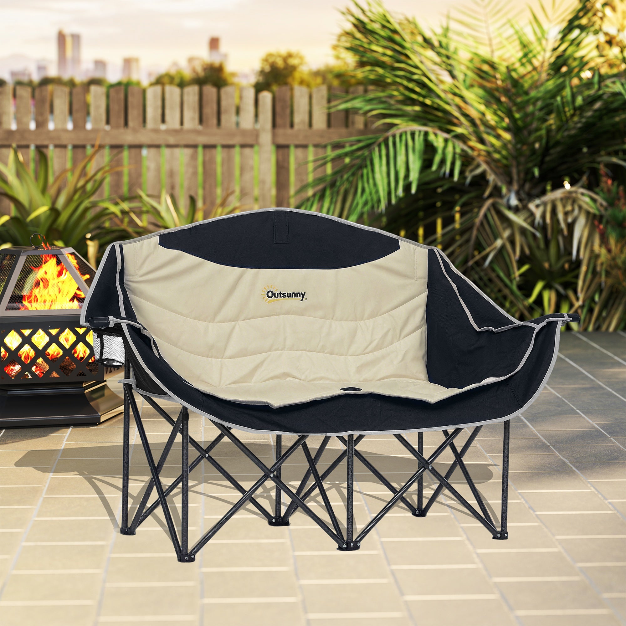 Folding Chair 2 Seater Foldable Camping Chair with Cup Holder Carry Bag Outdoor Folding Chair up to 250kg Load Capacity Sturdy Lightweight Padded Fishing Chair Garden Chair for Garden Camping Beach