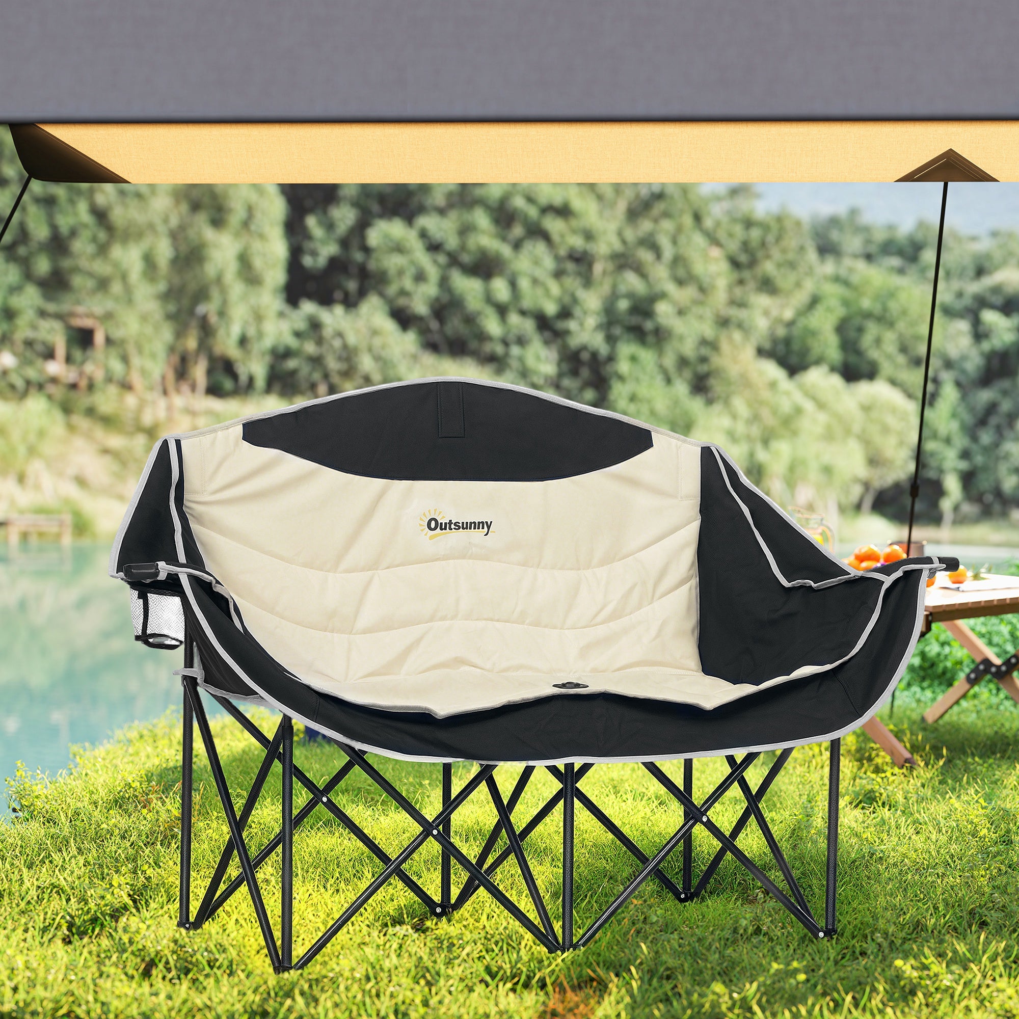 Folding Chair 2 Seater Foldable Camping Chair with Cup Holder Carry Bag Outdoor Folding Chair up to 250kg Load Capacity Sturdy Lightweight Padded Fishing Chair Garden Chair for Garden Camping Beach