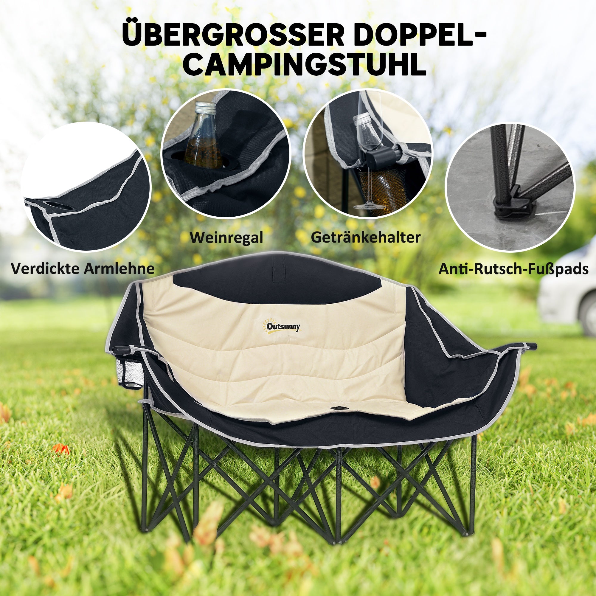 Folding Chair 2 Seater Foldable Camping Chair with Cup Holder Carry Bag Outdoor Folding Chair up to 250kg Load Capacity Sturdy Lightweight Padded Fishing Chair Garden Chair for Garden Camping Beach