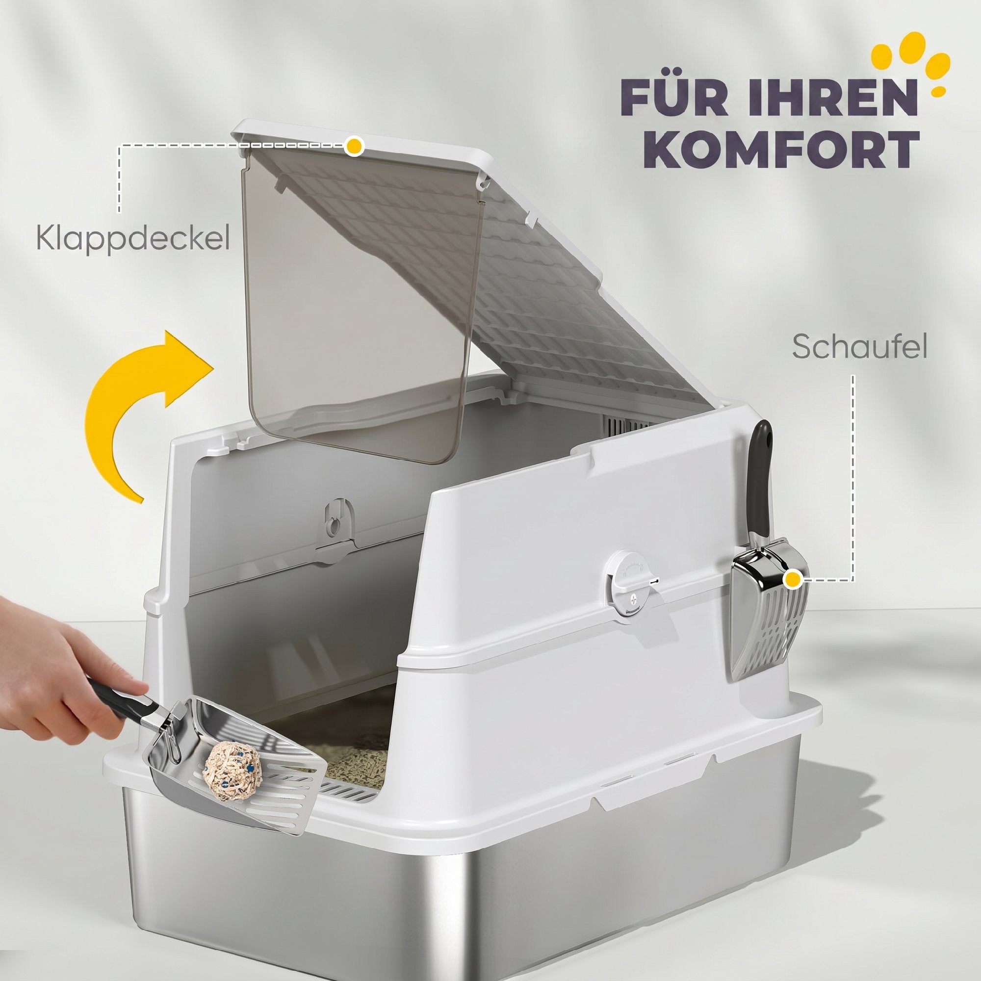 XL Stainless Steel Covered Cat Litter Box with Scoop & Deodorizer — Light Gray