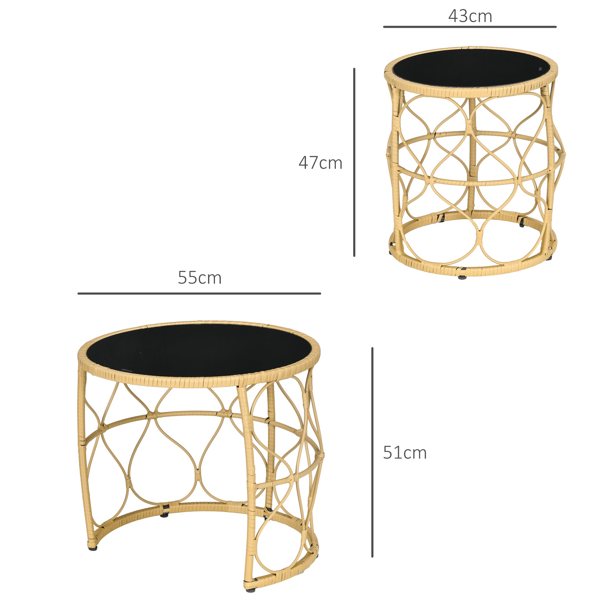 Rattan Side Table 2-Piece Set, Coffee Table with Glass Top, Stackable End Table, Boho Style, Handwoven Coffee Table for Garden, Balcony, Steel, Khaki