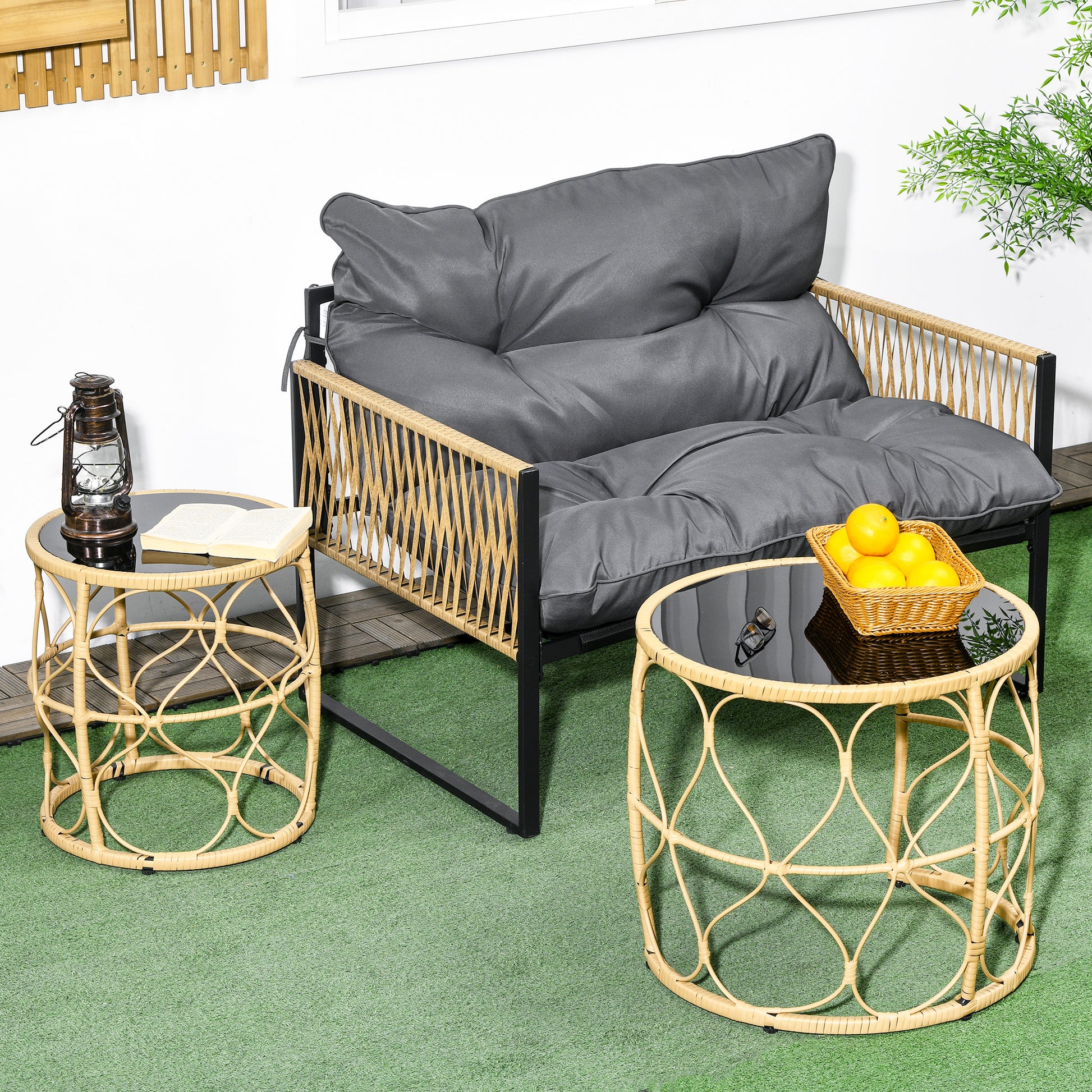 Rattan Side Table 2-Piece Set, Coffee Table with Glass Top, Stackable End Table, Boho Style, Handwoven Coffee Table for Garden, Balcony, Steel, Khaki