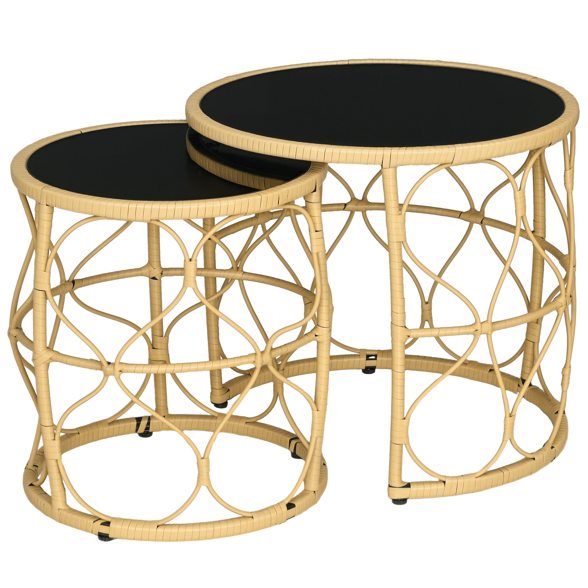 Rattan Side Table 2-Piece Set, Coffee Table with Glass Top, Stackable End Table, Boho Style, Handwoven Coffee Table for Garden, Balcony, Steel, Khaki
