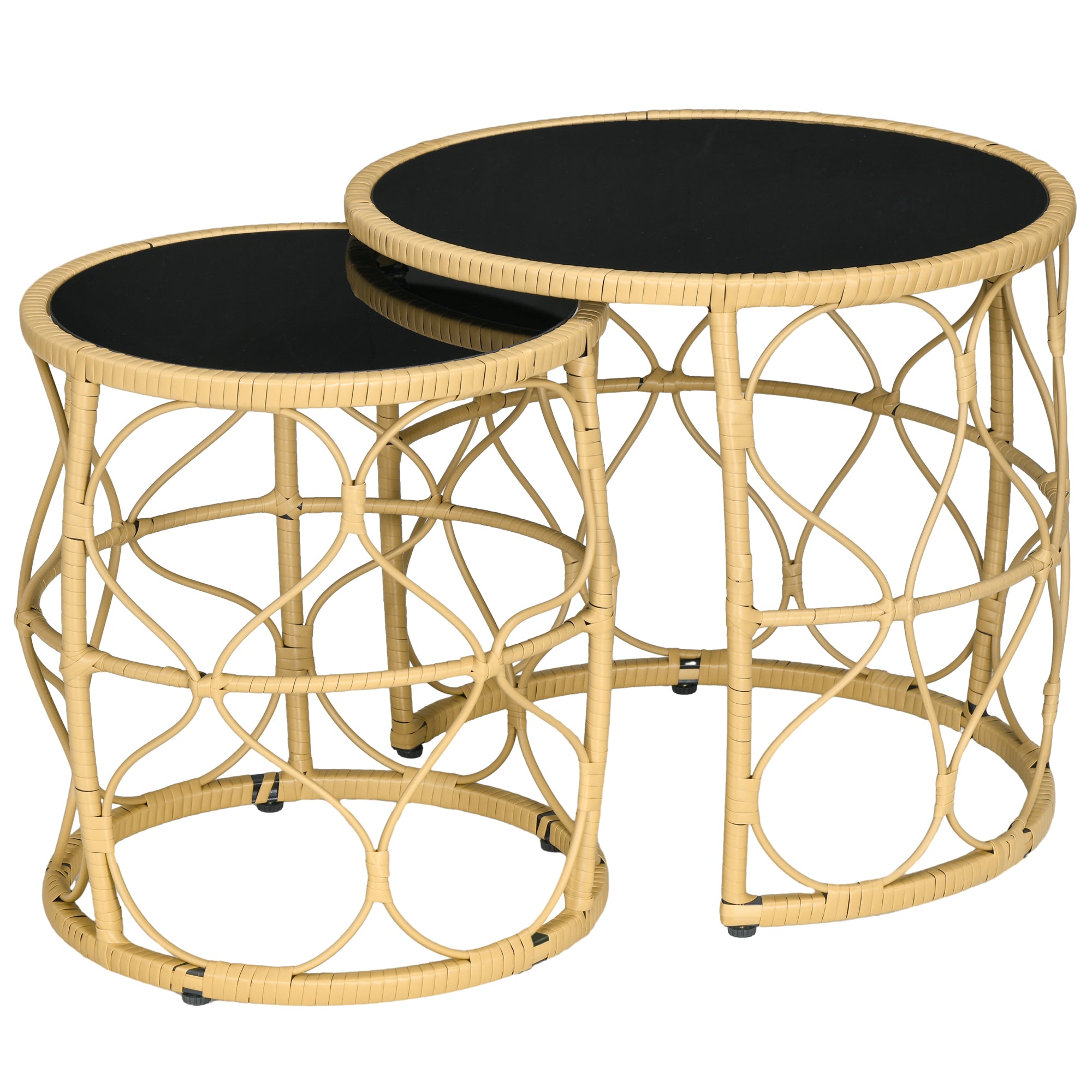 Rattan Side Table 2-Piece Set, Coffee Table with Glass Top, Stackable End Table, Boho Style, Handwoven Coffee Table for Garden, Balcony, Steel, Khaki