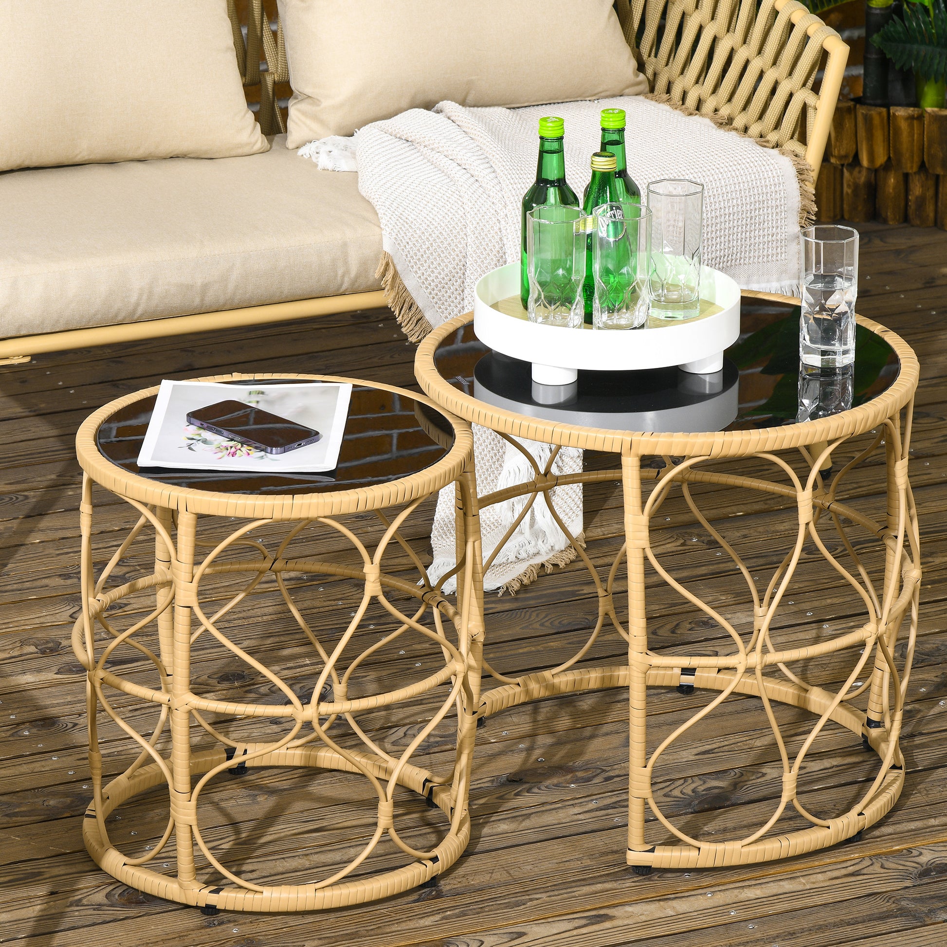 Rattan Side Table 2-Piece Set, Coffee Table with Glass Top, Stackable End Table, Boho Style, Handwoven Coffee Table for Garden, Balcony, Steel, Khaki