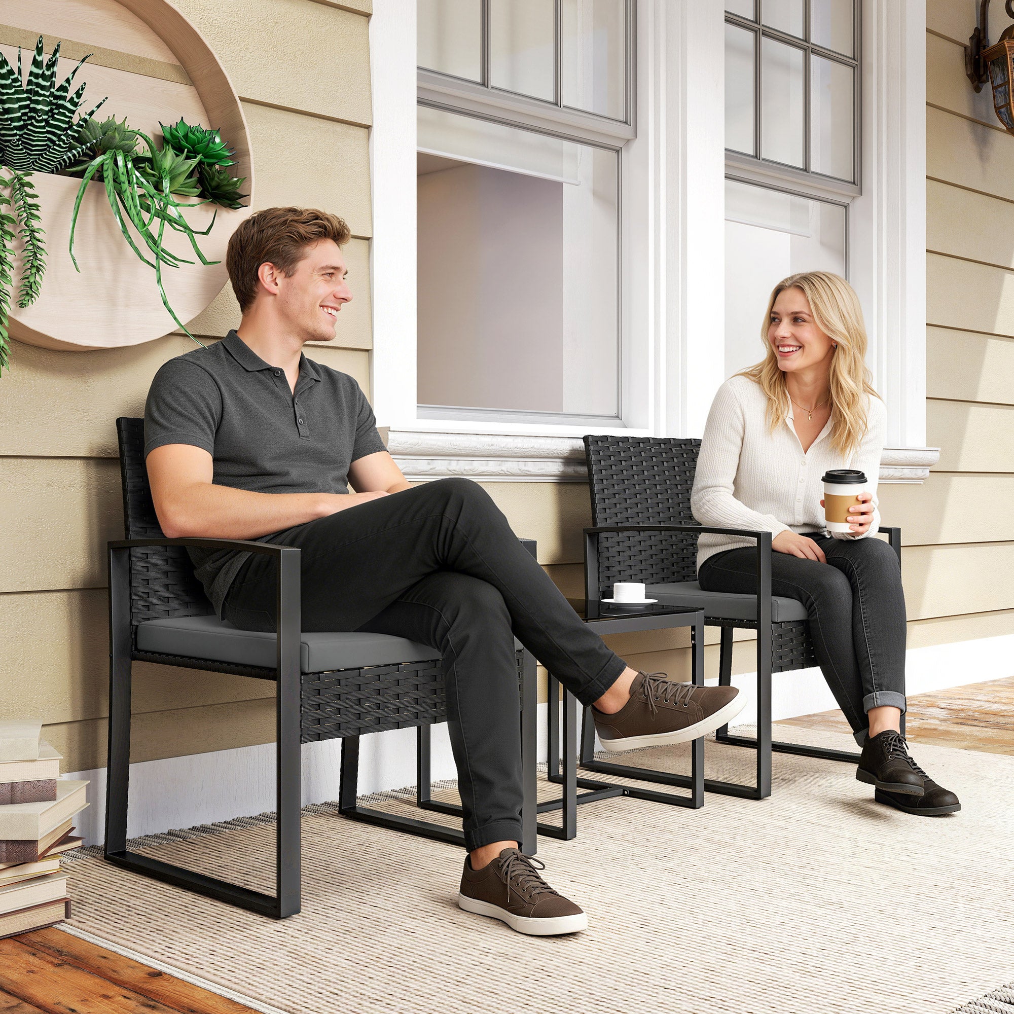 3-Piece Rattan Bistro Set — 2 Patio Chairs & Coffee Table with Removable Cushions, Dark Gray