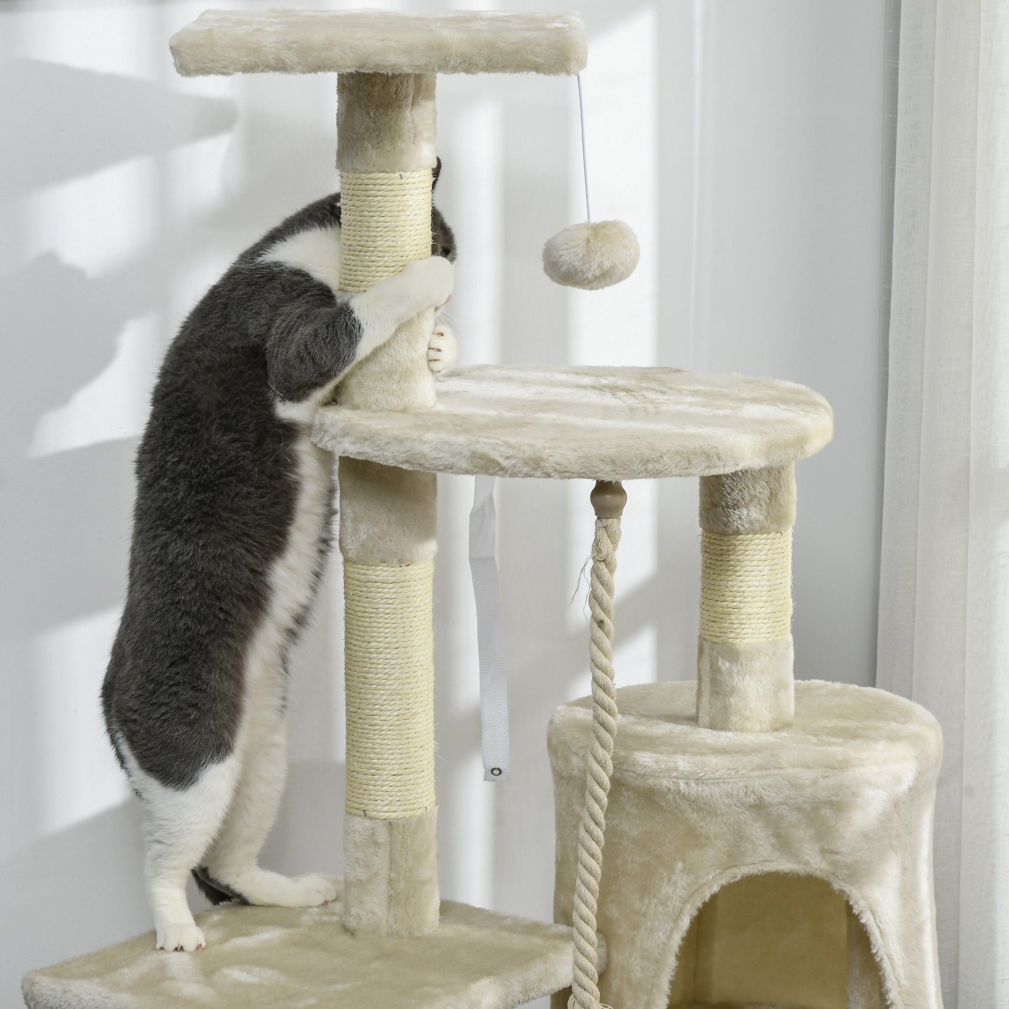 Cat Scratching Post Height 116 cm Cat Tree Climbing Tower with Sisal Scratching Posts Cozy Cave Platforms and Fun Hanging Toys Beige