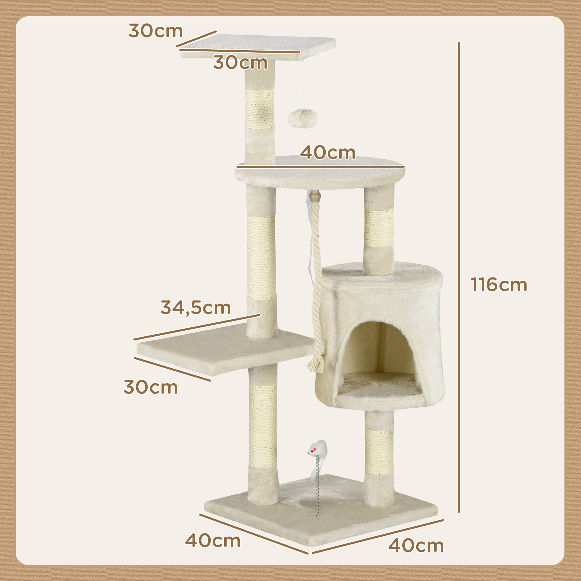 Cat Scratching Post Height 116 cm Cat Tree Climbing Tower with Sisal Scratching Posts Cozy Cave Platforms and Fun Hanging Toys Beige
