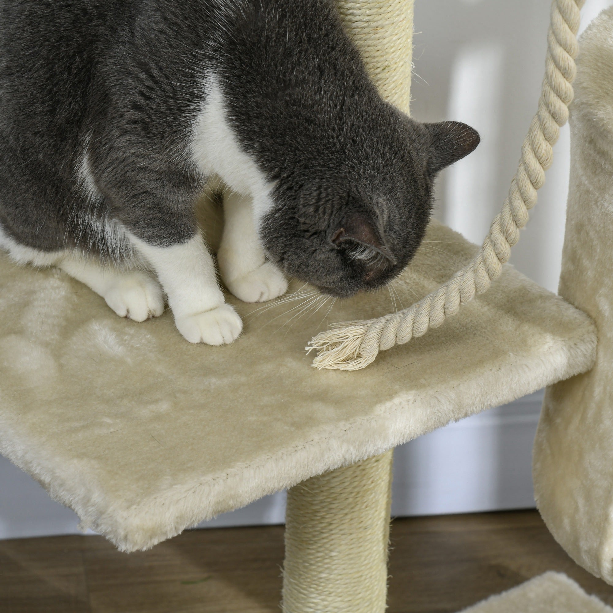 Cat Scratching Post Height 116 cm Cat Tree Climbing Tower with Sisal Scratching Posts Cozy Cave Platforms and Fun Hanging Toys Beige