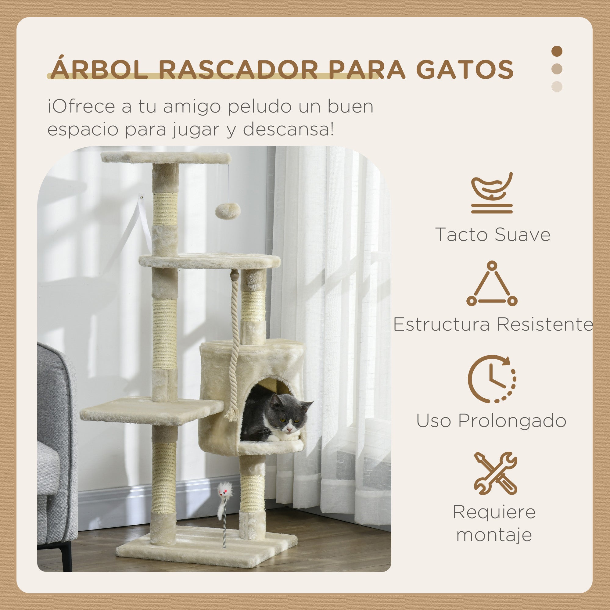 Cat Scratching Post Height 116 cm Cat Tree Climbing Tower with Sisal Scratching Posts Cozy Cave Platforms and Fun Hanging Toys Beige