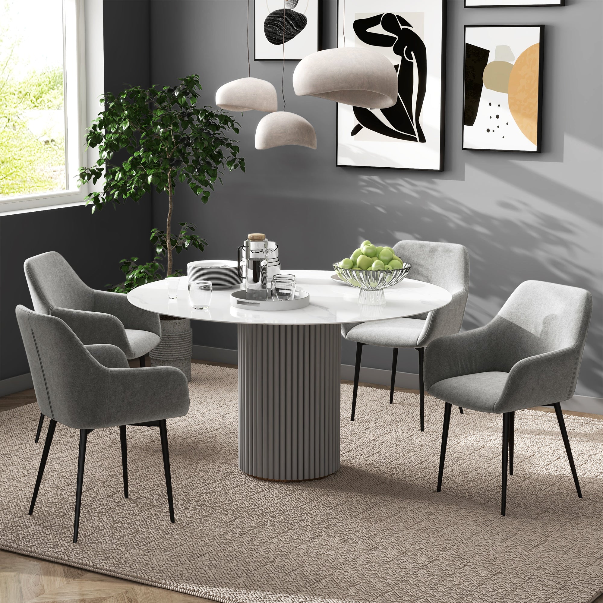 Set of 2 Upholstered Nordic Style Dining Chairs, Kitchen Chairs in Fabric, Armchair with Armrests and Steel Legs for Living Room, 54x57x80 cm, Dark Grey