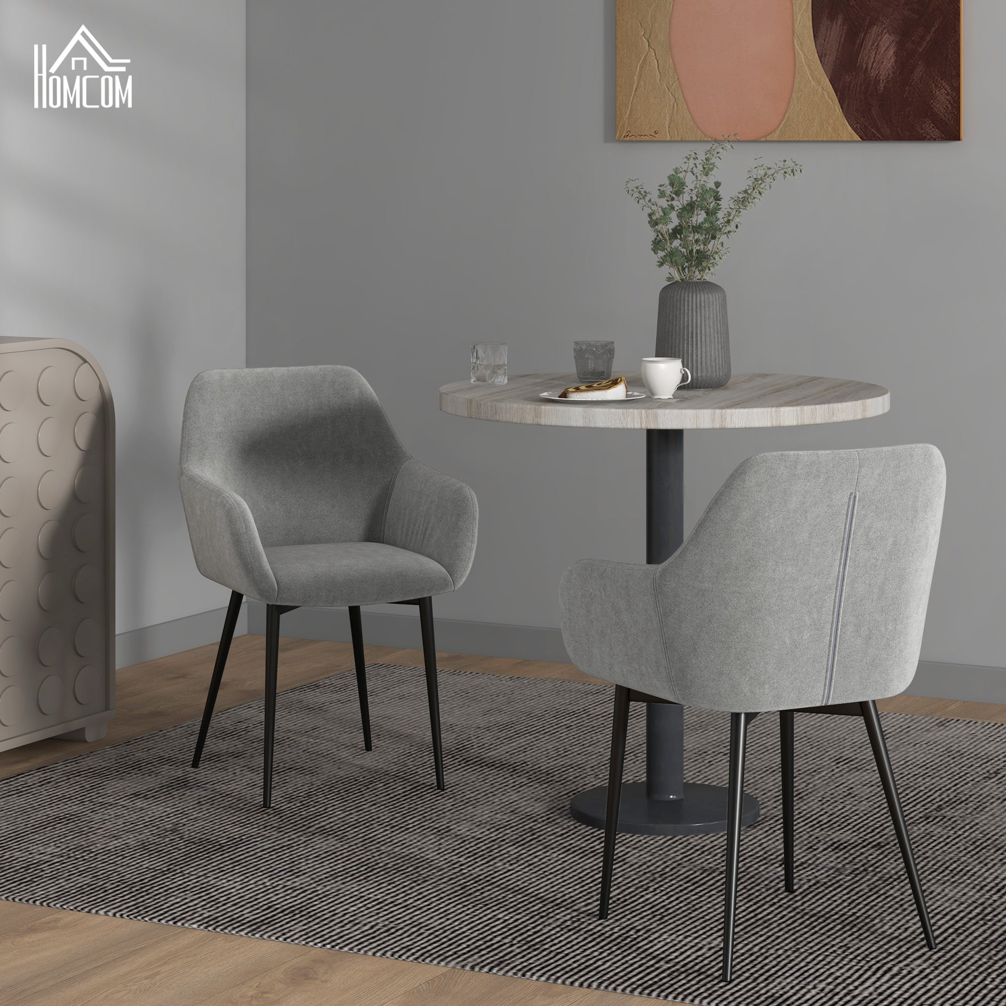 Set of 2 Upholstered Nordic Style Dining Chairs, Kitchen Chairs in Fabric, Armchair with Armrests and Steel Legs for Living Room, 54x57x80 cm, Dark Grey
