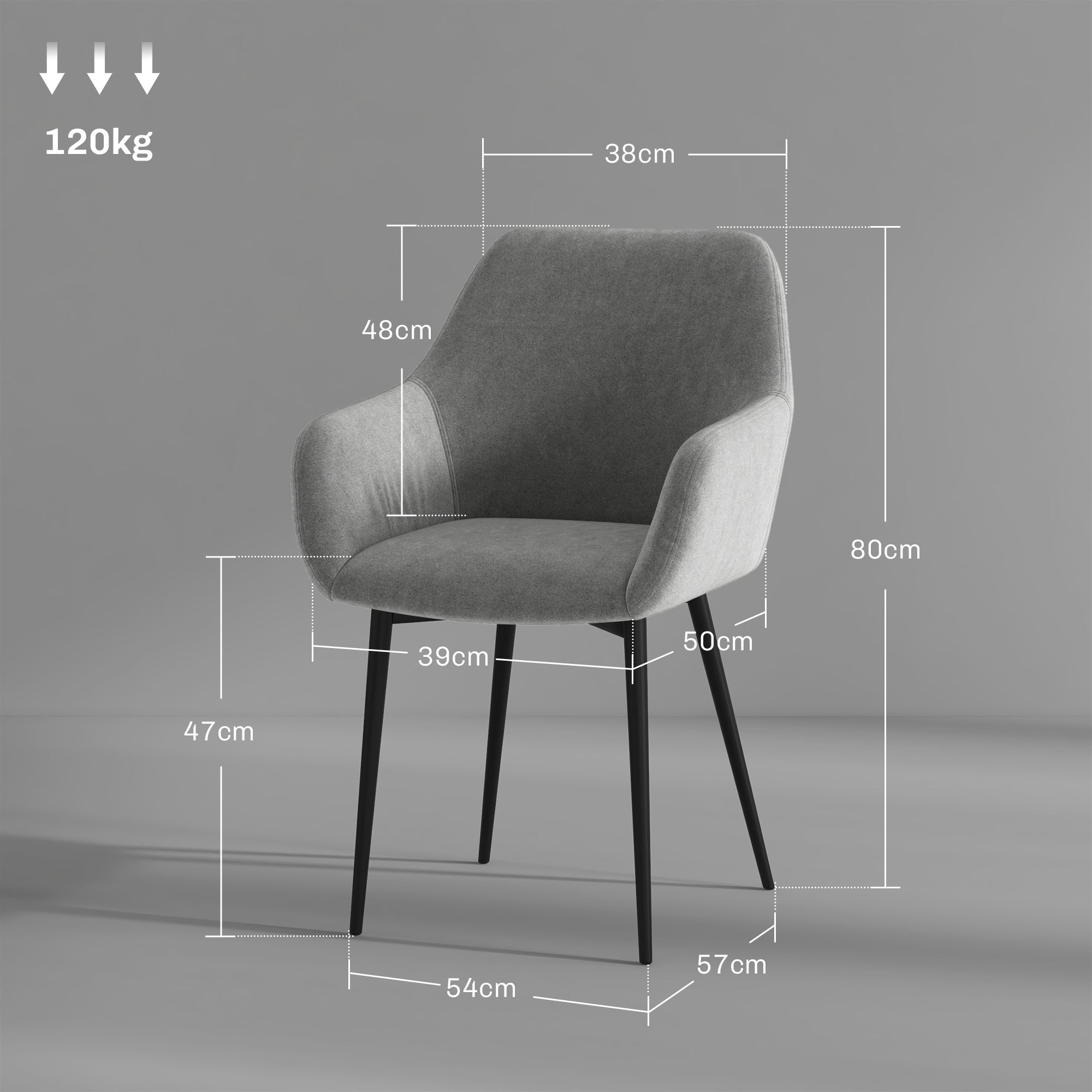 Set of 2 Upholstered Nordic Style Dining Chairs, Kitchen Chairs in Fabric, Armchair with Armrests and Steel Legs for Living Room, 54x57x80 cm, Dark Grey