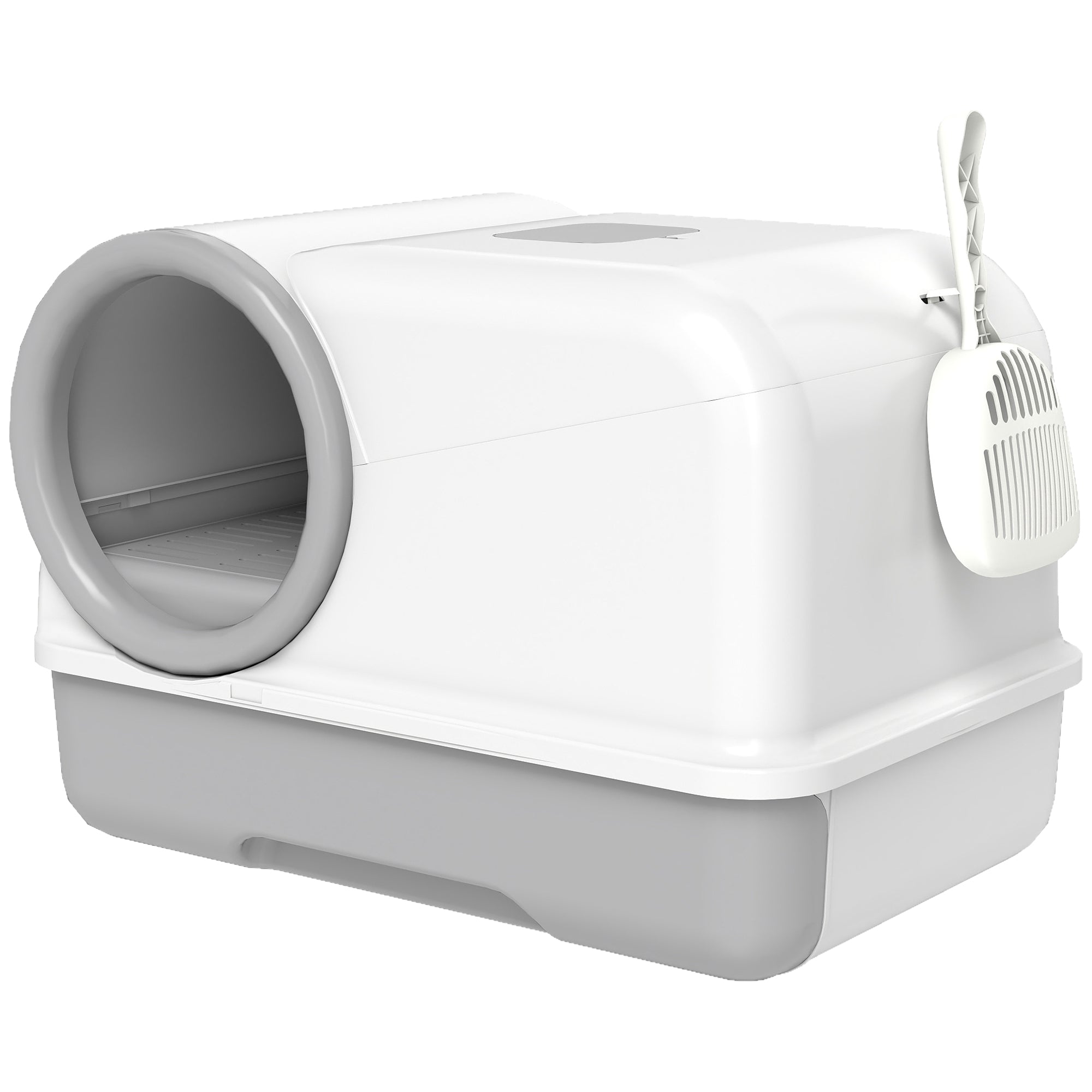 Covered Cat Litter Box with Hood & Scoop, Pull-Out Tray, 2 Activated Carbon Filters — White/Gray, for Cats up to 11 lb, 23.2 x 15.6 x 15.6 in