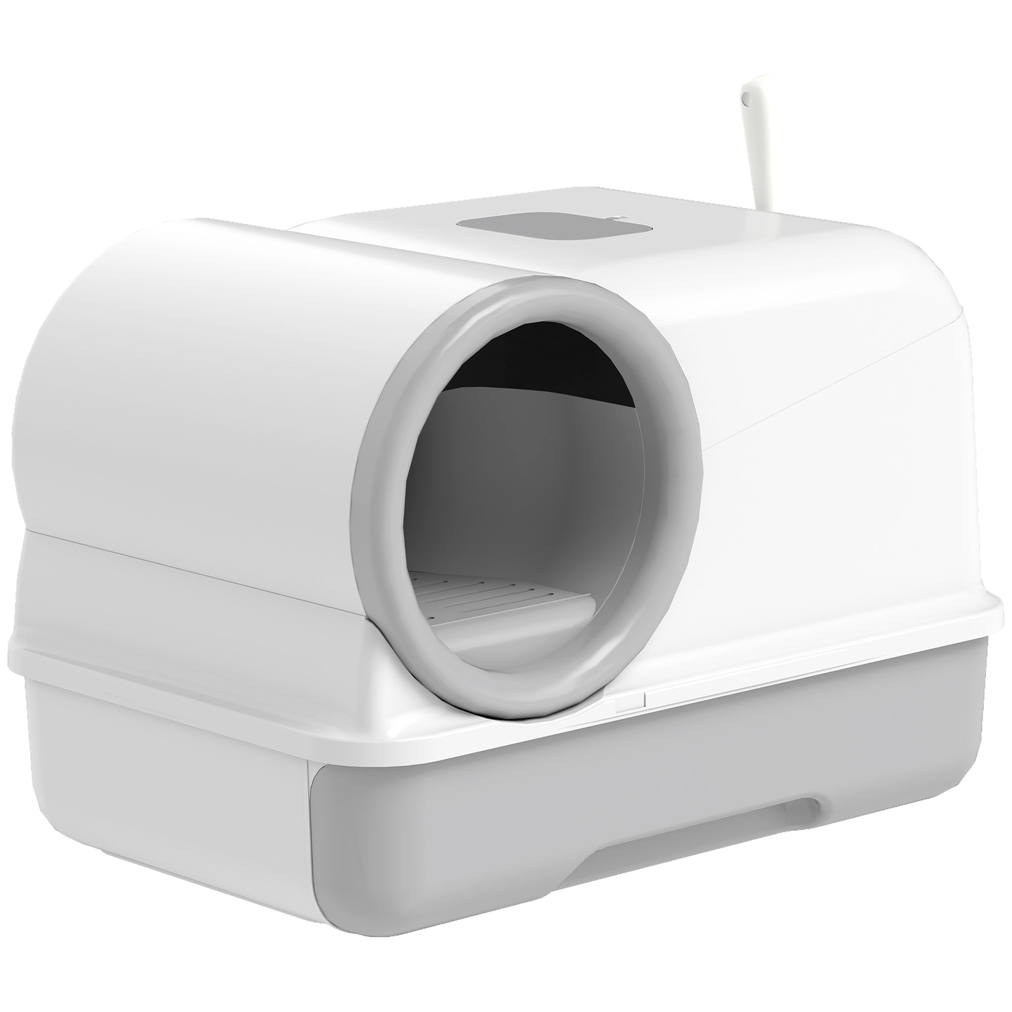 Covered Cat Litter Box with Hood & Scoop, Pull-Out Tray, 2 Activated Carbon Filters — White/Gray, for Cats up to 11 lb, 23.2 x 15.6 x 15.6 in