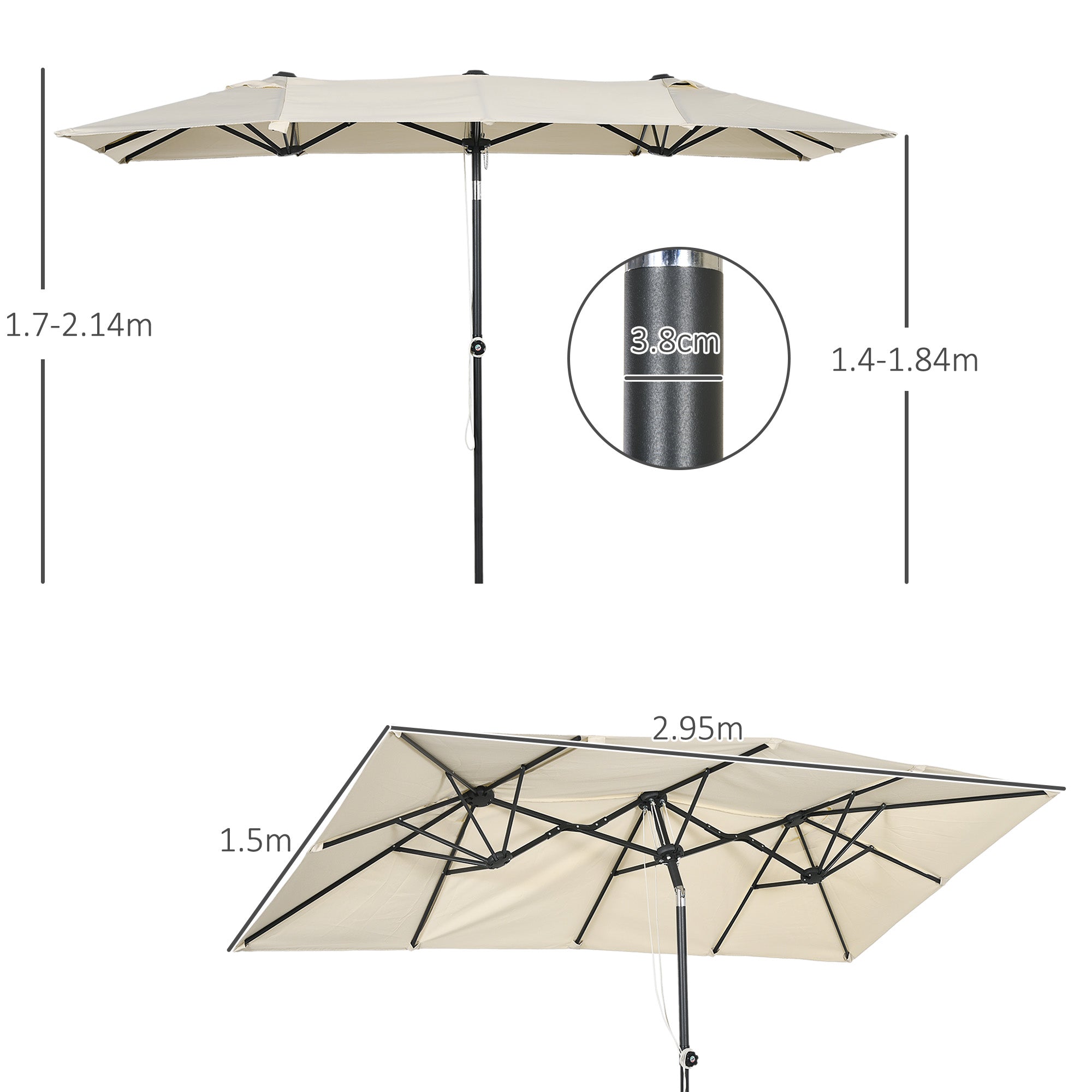 Double Tilt and Height Adjustable Garden Umbrella, Outdoor Umbrella with Cord and 12 Metal Ribs, 295x150x170-214 cm, Cream
