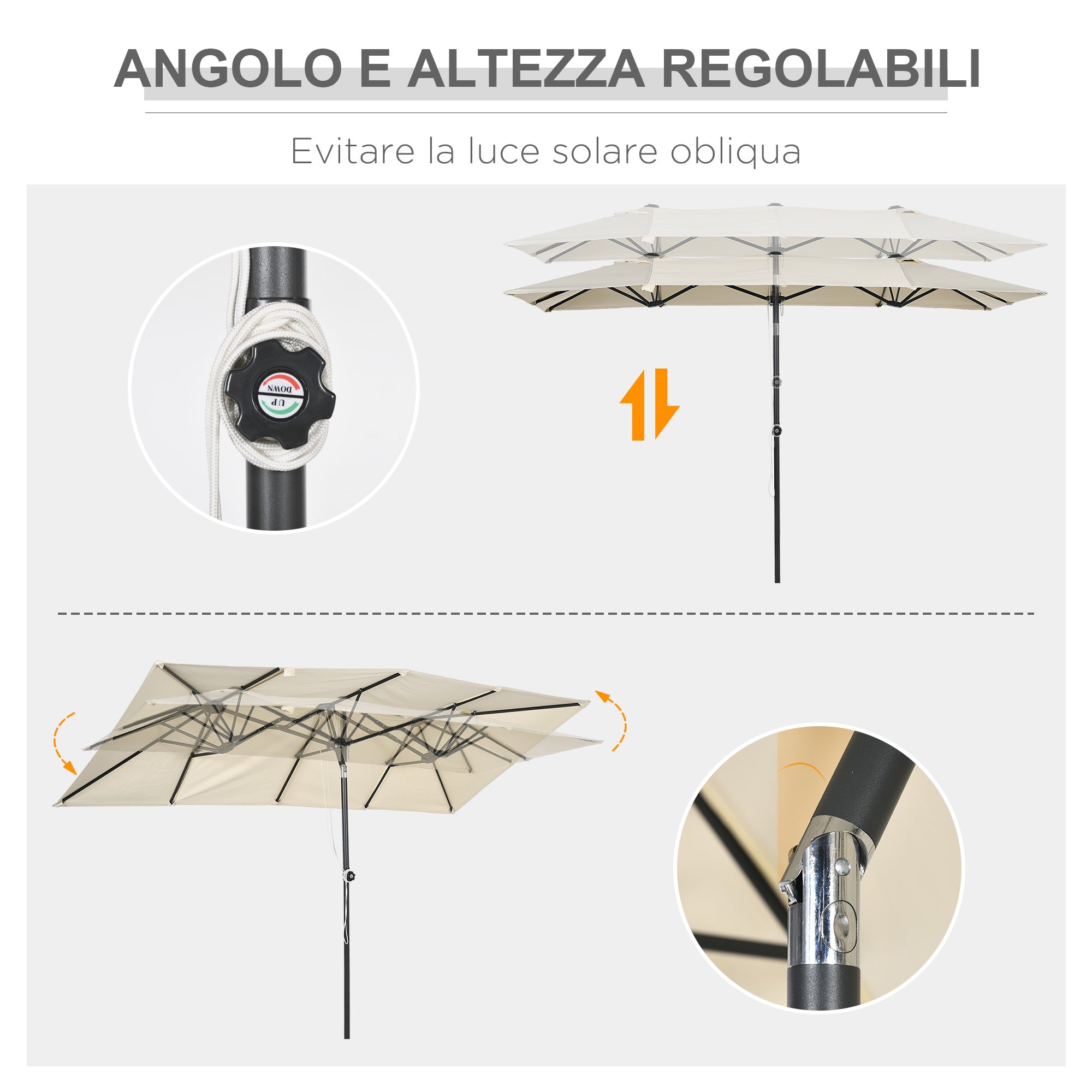 Double Tilt and Height Adjustable Garden Umbrella, Outdoor Umbrella with Cord and 12 Metal Ribs, 295x150x170-214 cm, Cream