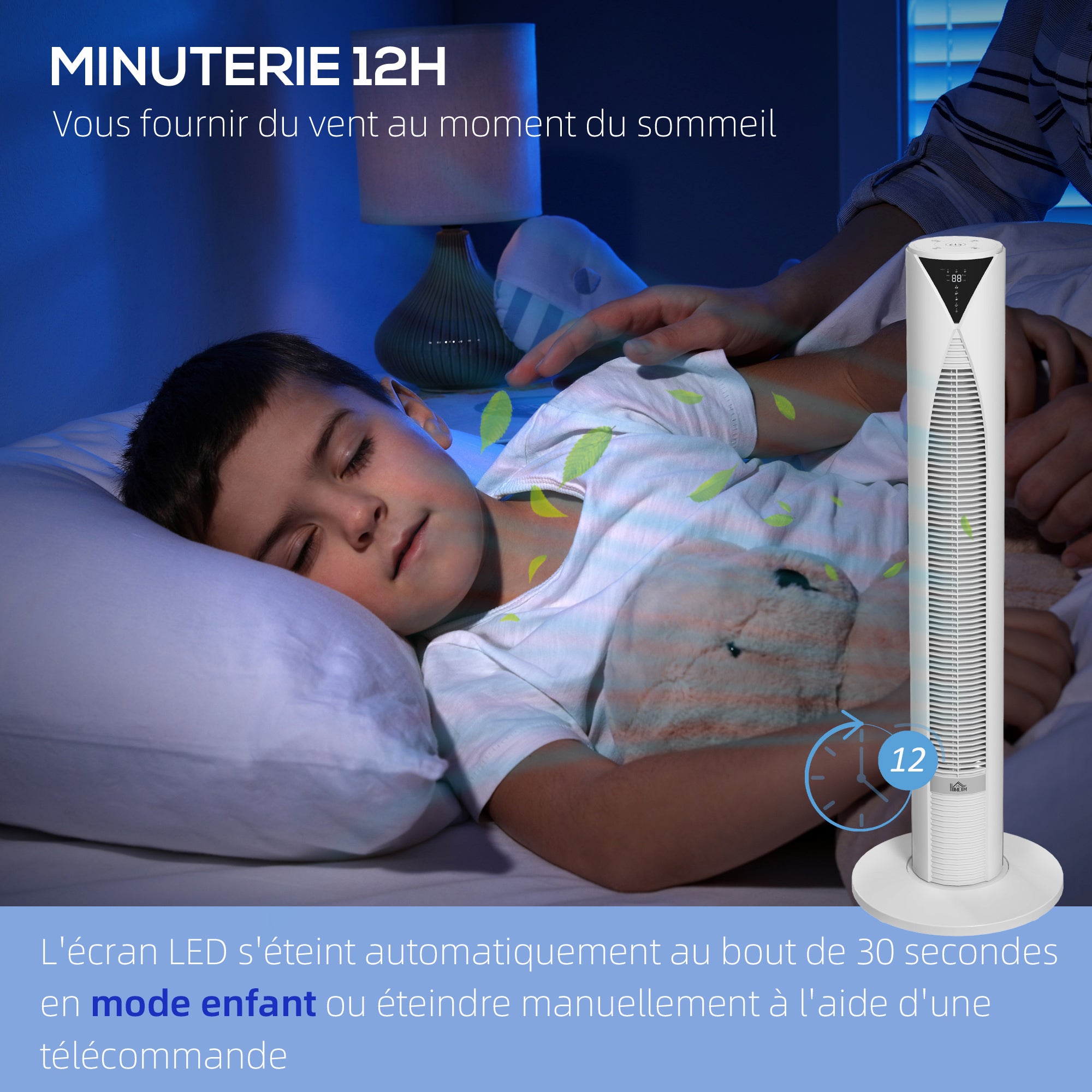 Column Fan, with Remote Control, 12-Hour Timer, Sleep Mode, 3 Speeds, Oscillating Tower Fan for Home, Bedroom, Office, White