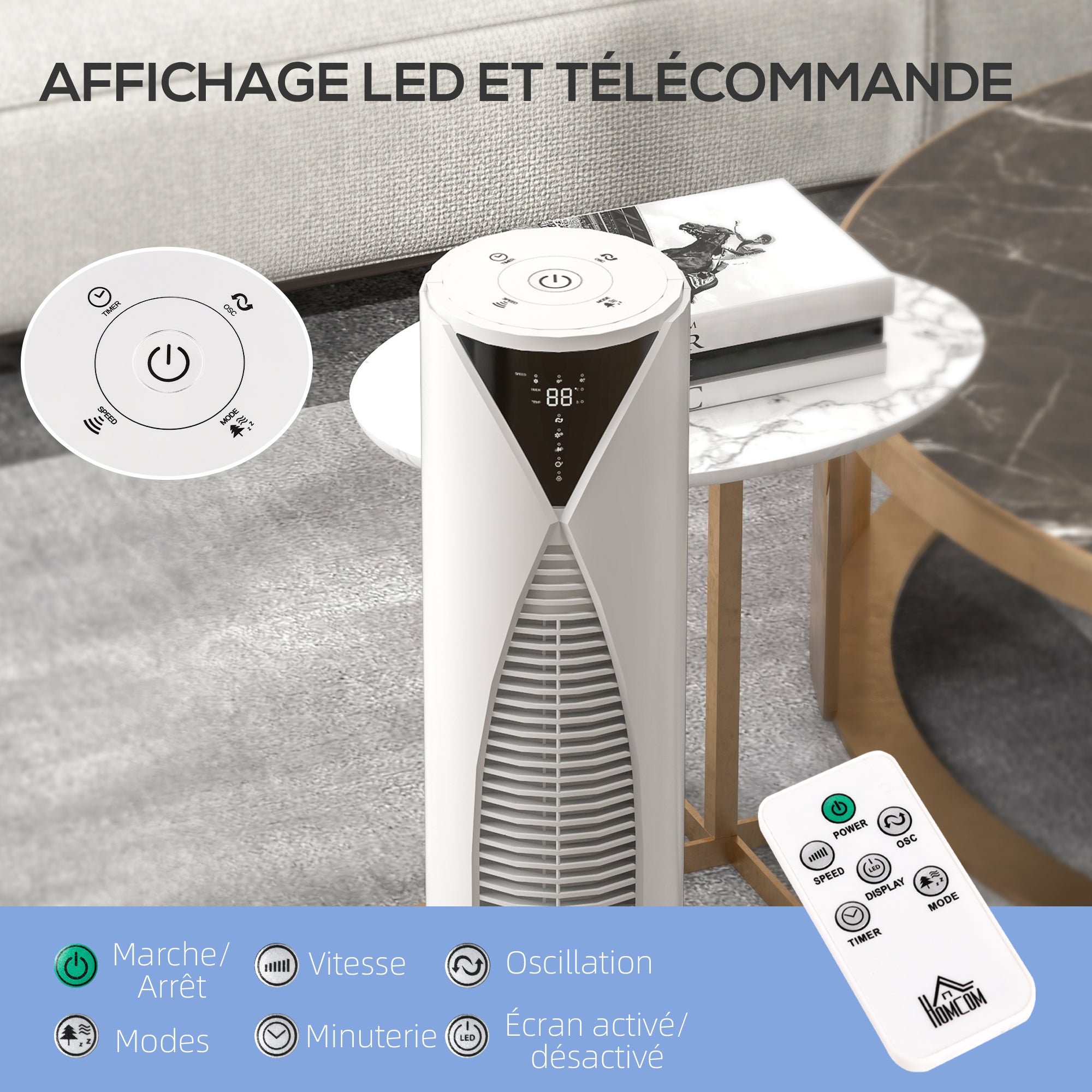 Column Fan, with Remote Control, 12-Hour Timer, Sleep Mode, 3 Speeds, Oscillating Tower Fan for Home, Bedroom, Office, White