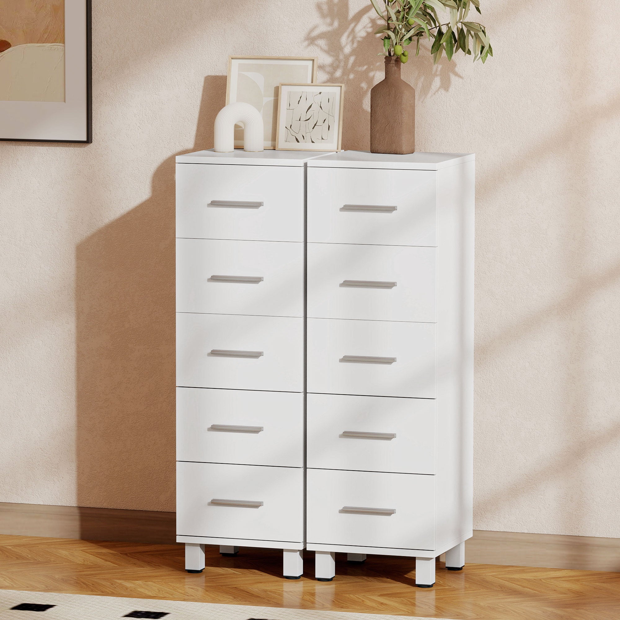 5-Drawer Chest, Narrow Modern Storage Cabinet for Bedroom, Hallway or Living Room, 11.8 x 11.8 x 37.4 in, White
