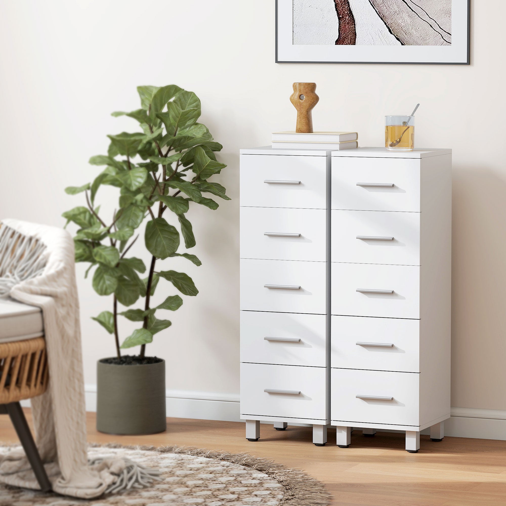 5-Drawer Chest, Narrow Modern Storage Cabinet for Bedroom, Hallway or Living Room, 11.8 x 11.8 x 37.4 in, White