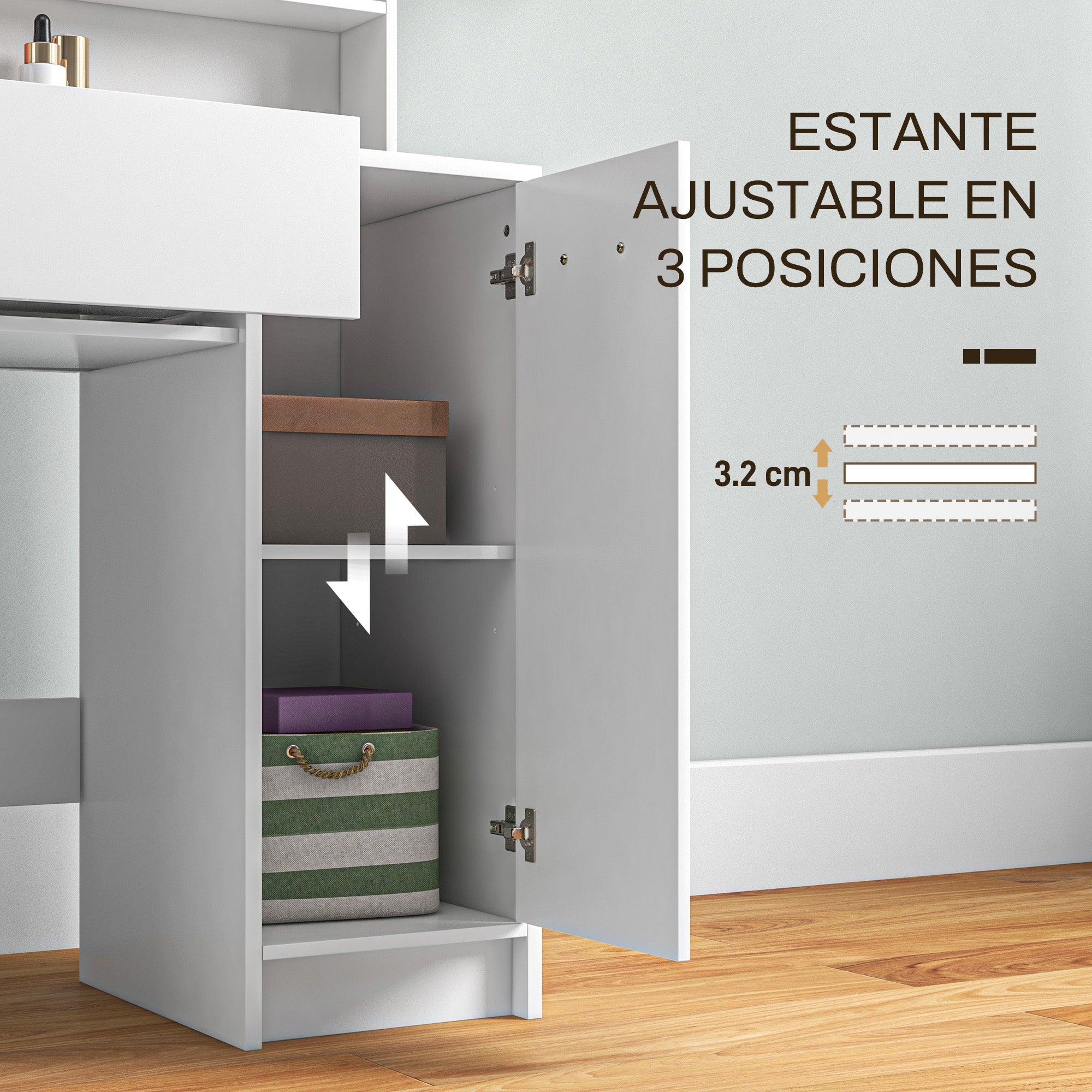 Makeup Vanity with Stool Makeup Table with Mirror Open Shelves Drawer and Adjustable Shelf Anti-Tip for Bedroom Living Room 80x40x132 cm White