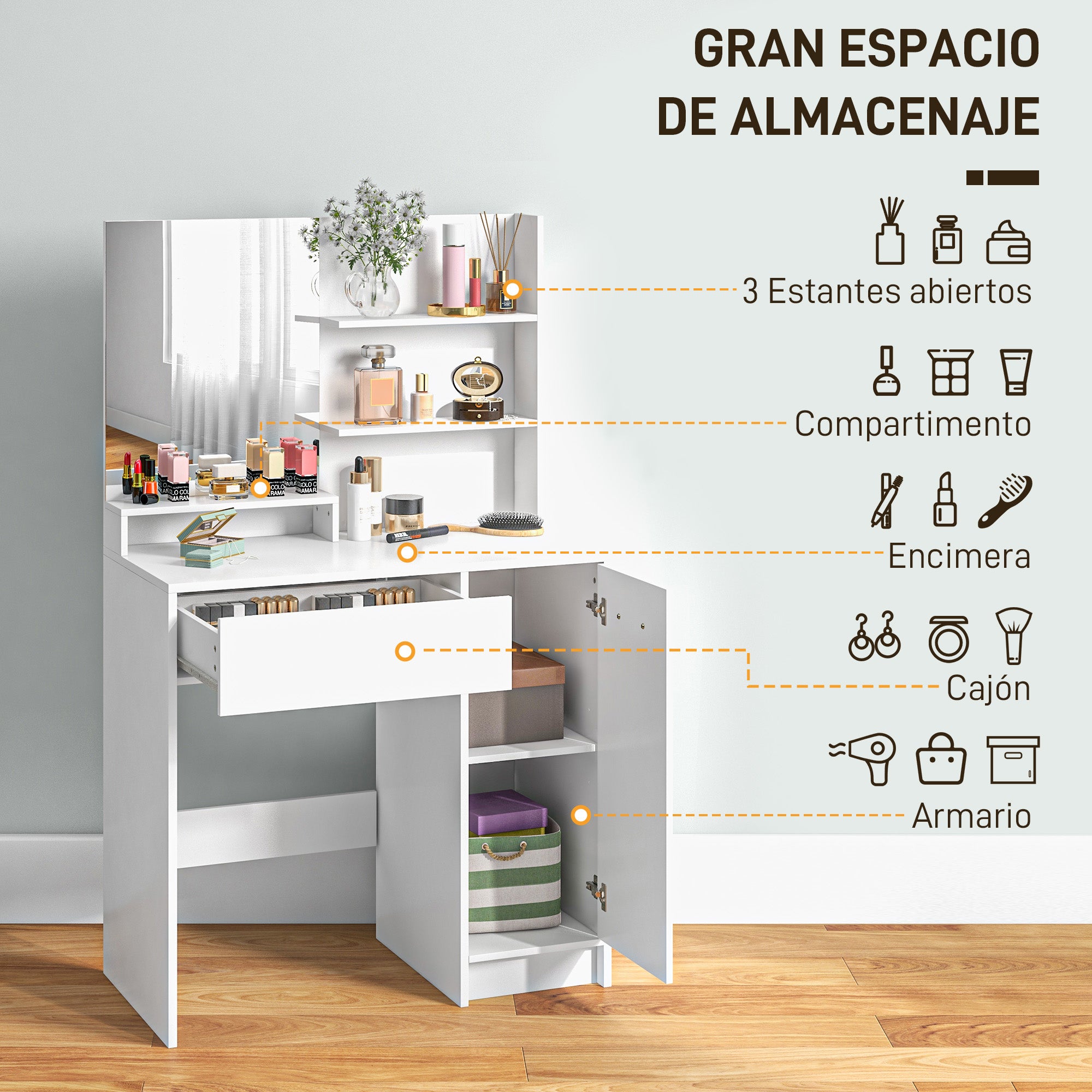 Makeup Vanity with Stool Makeup Table with Mirror Open Shelves Drawer and Adjustable Shelf Anti-Tip for Bedroom Living Room 80x40x132 cm White