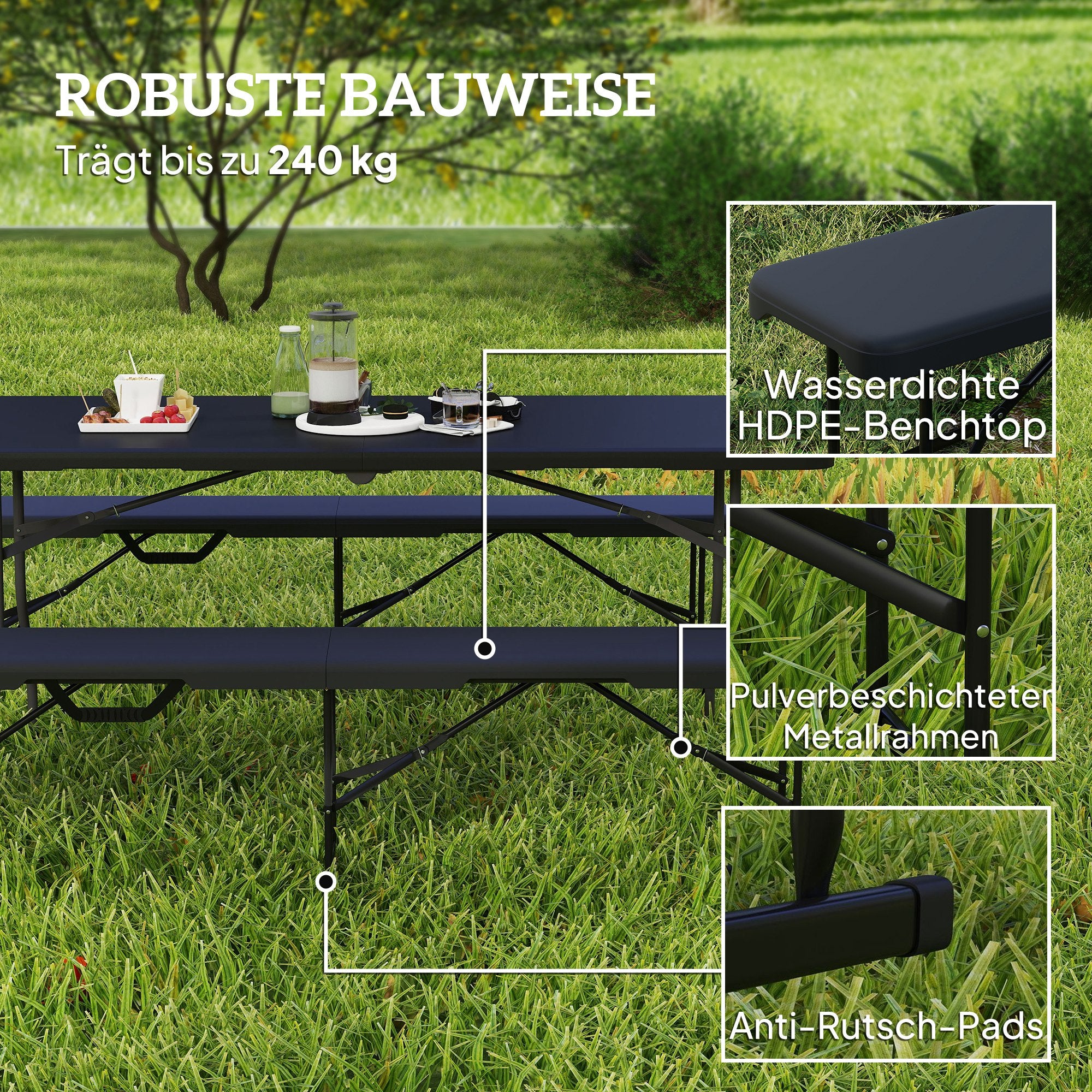 2-Piece Beer Tent Bench Folding Bench for 8 People 182cm Foldable Party Bench with Carrying Handle, Metal Legs, HDPE Weatherproof Camping Bench for Indoor, Outdoor, Garden Bench Up to 240 kg Load Black