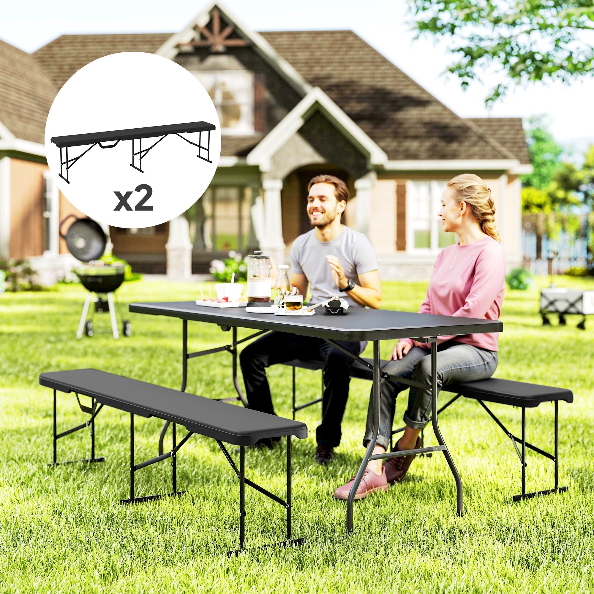 2-Piece Beer Tent Bench Folding Bench for 8 People 182cm Foldable Party Bench with Carrying Handle, Metal Legs, HDPE Weatherproof Camping Bench for Indoor, Outdoor, Garden Bench Up to 240 kg Load Black