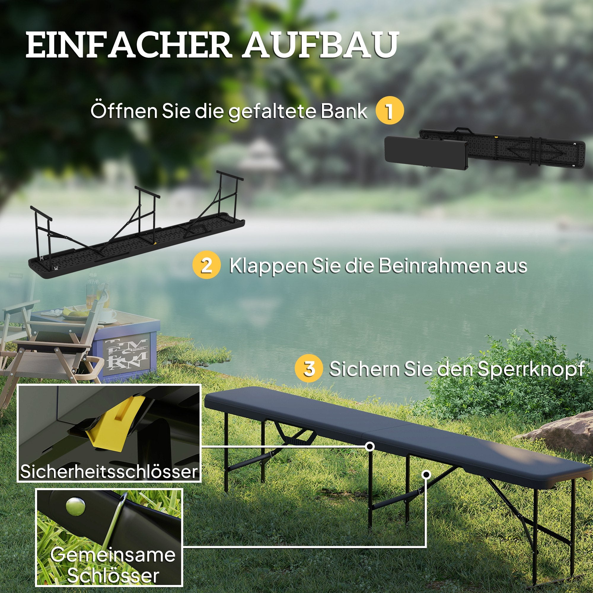 2-Piece Beer Tent Bench Folding Bench for 8 People 182cm Foldable Party Bench with Carrying Handle, Metal Legs, HDPE Weatherproof Camping Bench for Indoor, Outdoor, Garden Bench Up to 240 kg Load Black