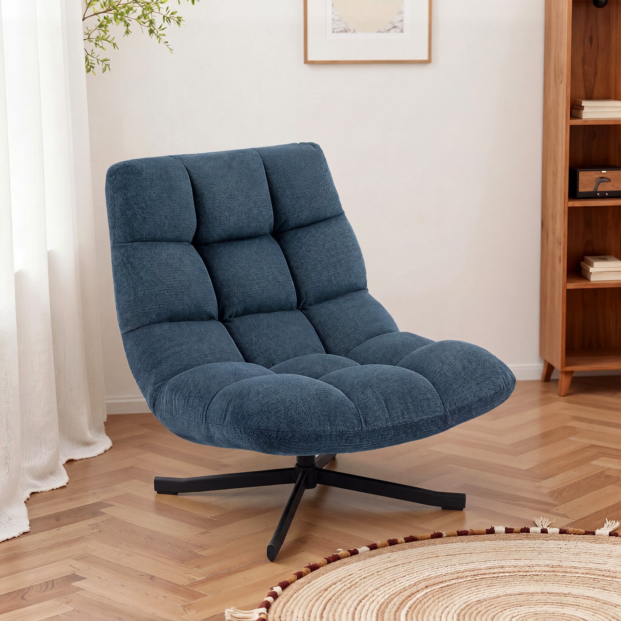 Armless Swivel Lounge Chair — Wide Chenille Seat, Steel Base, Dark Blue