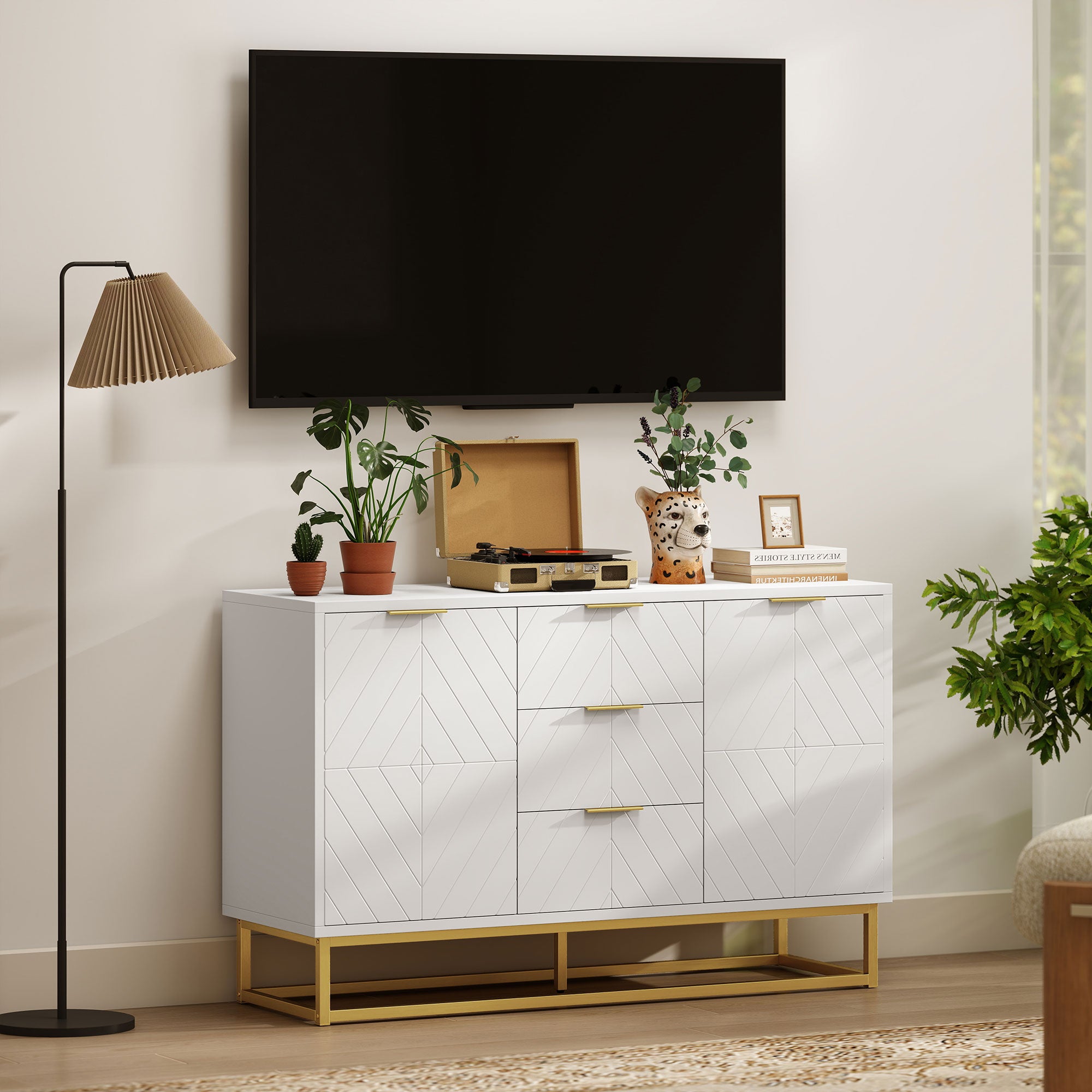 Modern Sideboard with 3 Drawers 2 Doors and Adjustable Shelf Sideboard for Living Room Kitchen Anti-tip 120x40x76 cm White