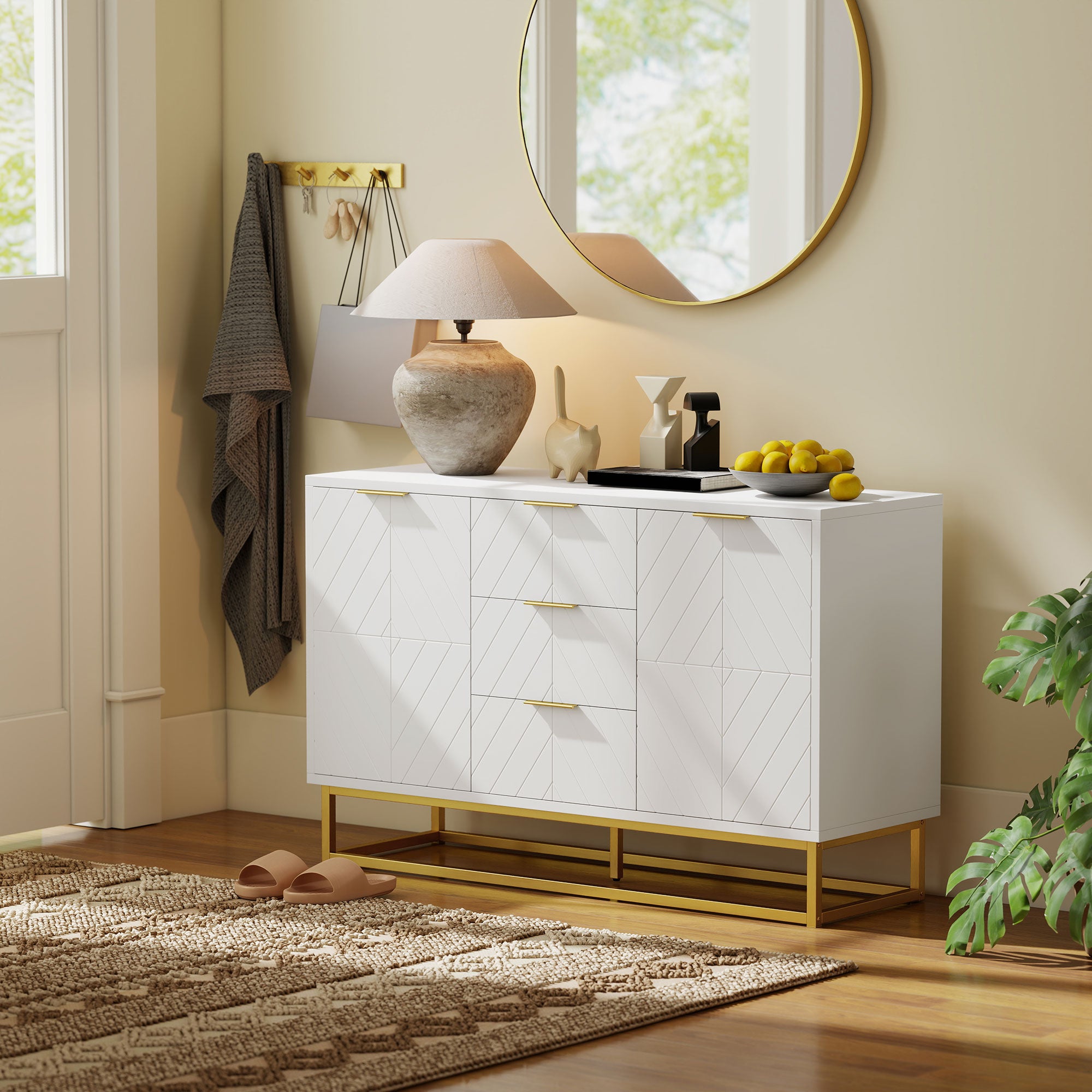 Modern Sideboard with 3 Drawers 2 Doors and Adjustable Shelf Sideboard for Living Room Kitchen Anti-tip 120x40x76 cm White