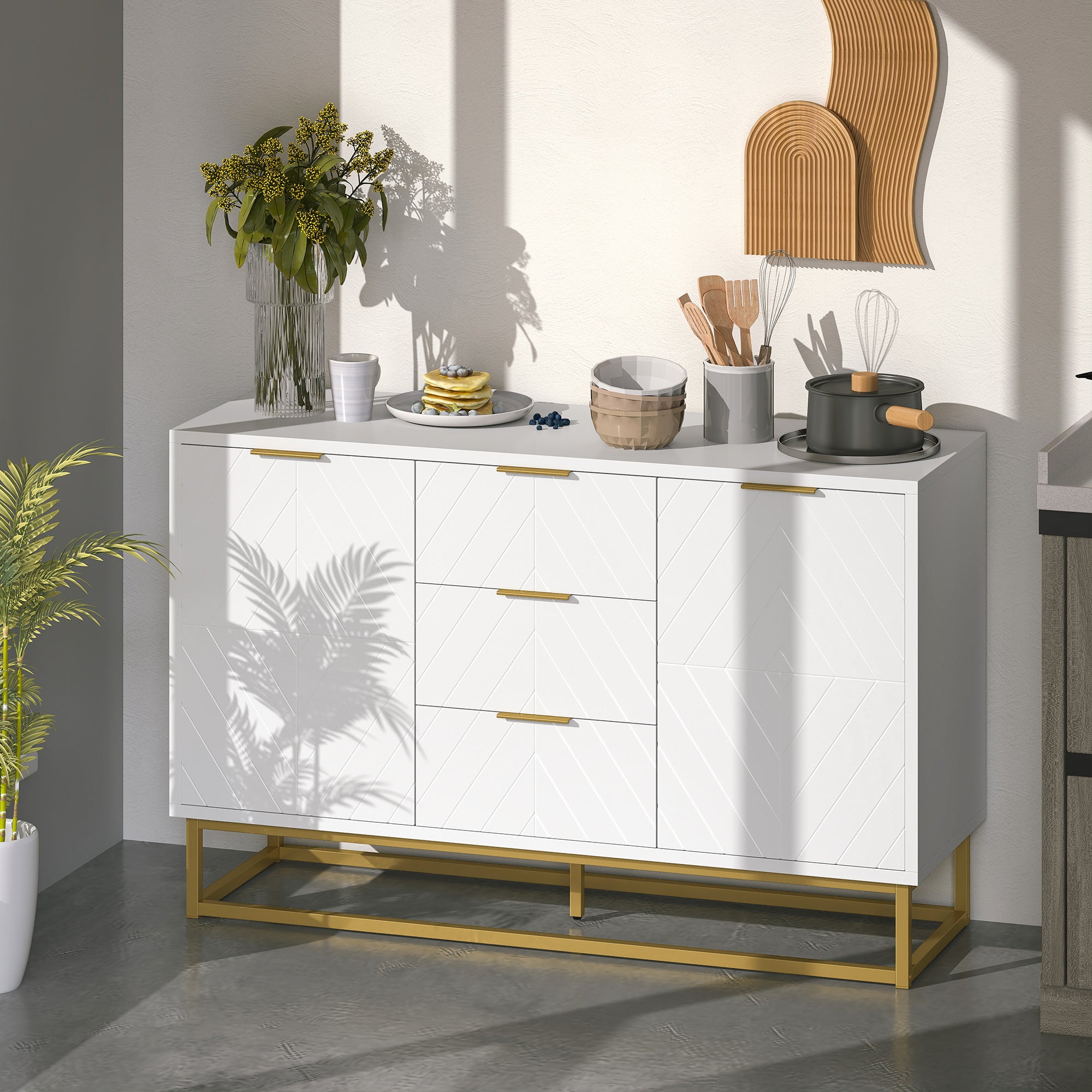 Modern Sideboard with 3 Drawers 2 Doors and Adjustable Shelf Sideboard for Living Room Kitchen Anti-tip 120x40x76 cm White