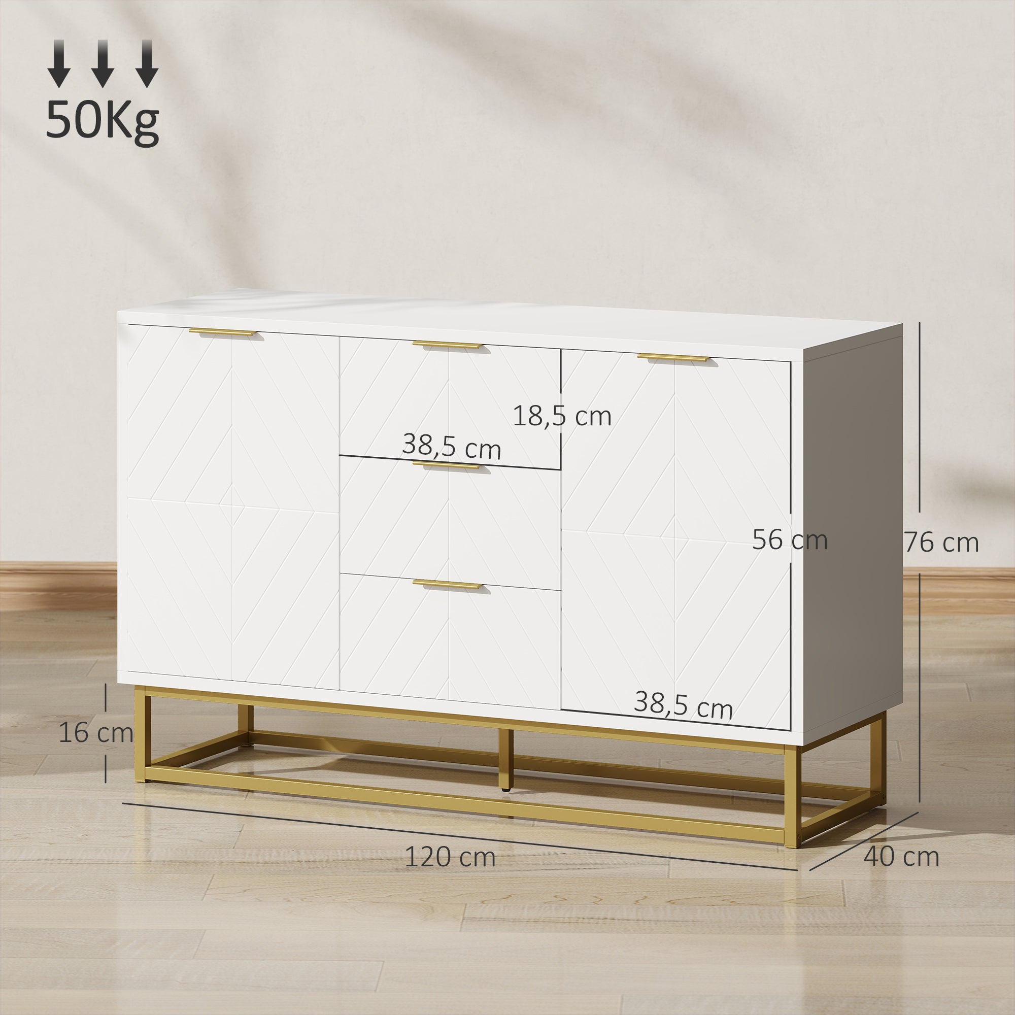 Modern Sideboard with 3 Drawers 2 Doors and Adjustable Shelf Sideboard for Living Room Kitchen Anti-tip 120x40x76 cm White