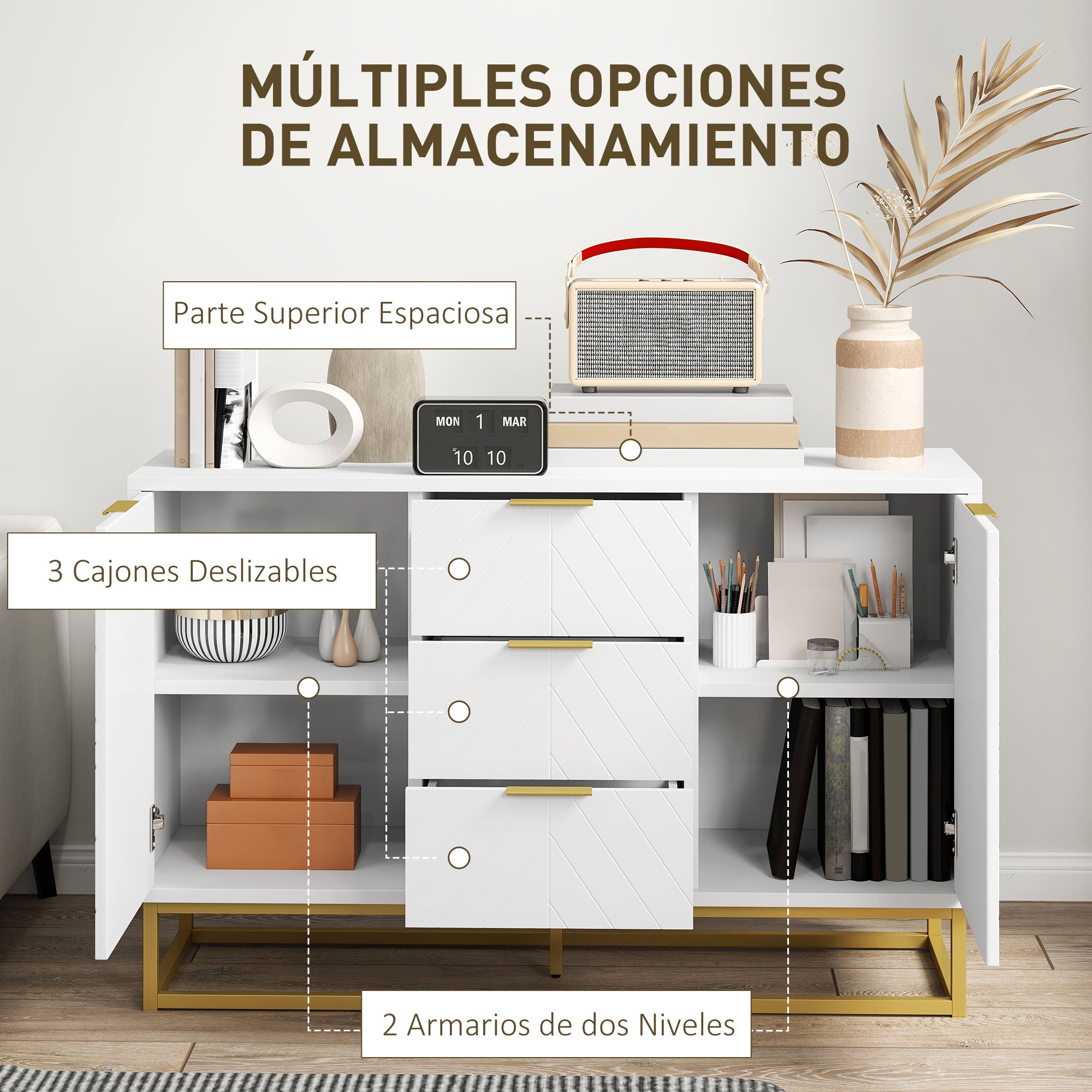 Modern Sideboard with 3 Drawers 2 Doors and Adjustable Shelf Sideboard for Living Room Kitchen Anti-tip 120x40x76 cm White