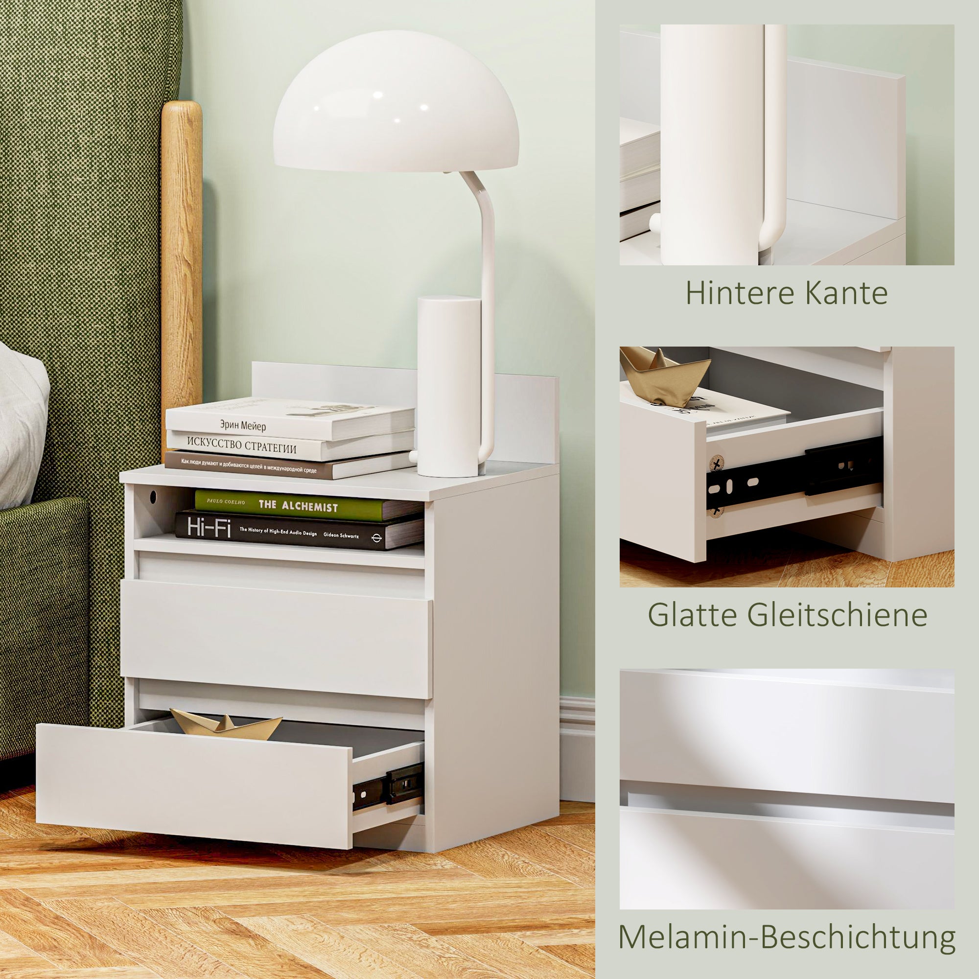 Nightstand 2-Pack Bedside Table with Drawer, Open Compartment, Bedside Cabinet Nightstand for Bedroom, Living Room, White, approx. 40 x 32 x 50 cm, White