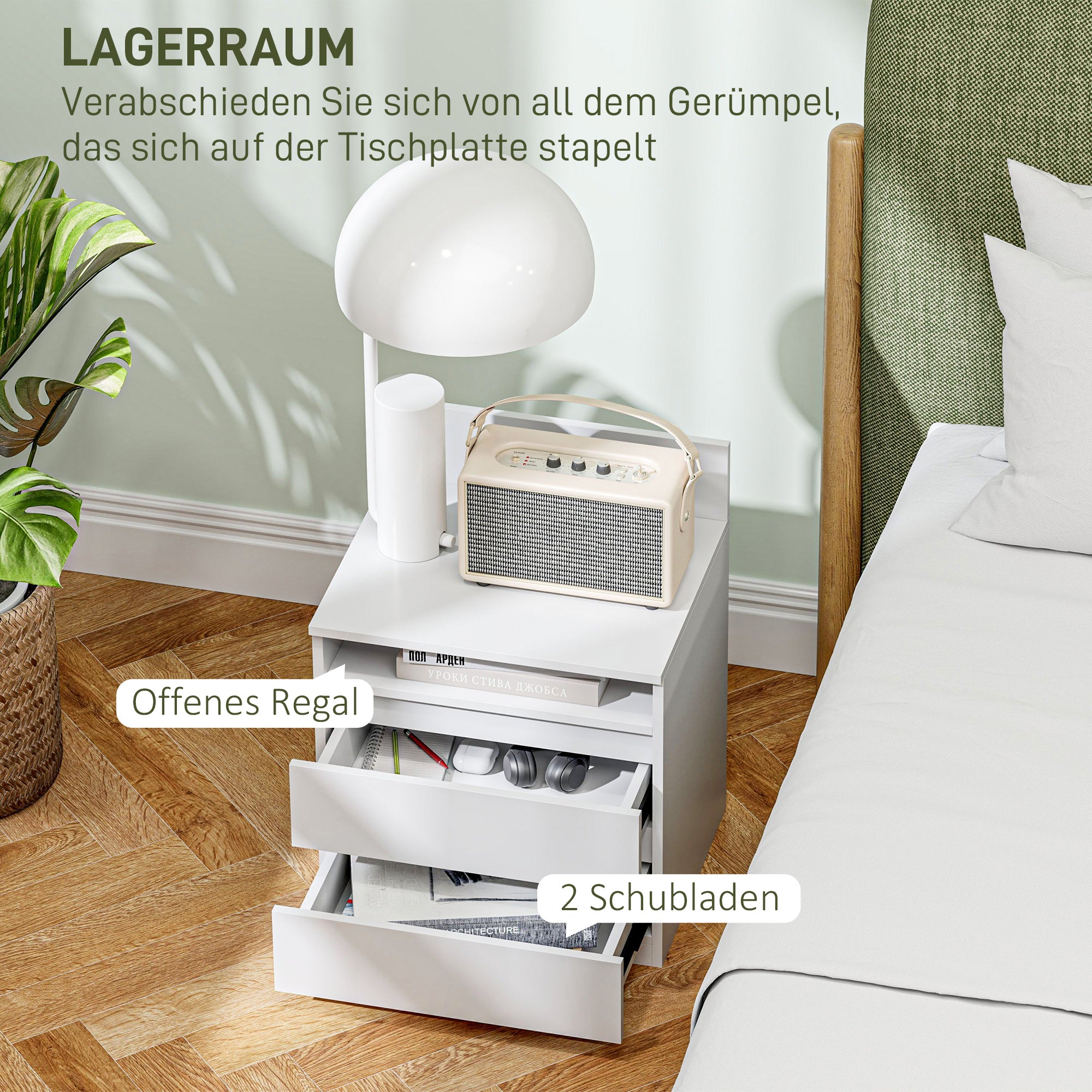 Nightstand 2-Pack Bedside Table with Drawer, Open Compartment, Bedside Cabinet Nightstand for Bedroom, Living Room, White, approx. 40 x 32 x 50 cm, White