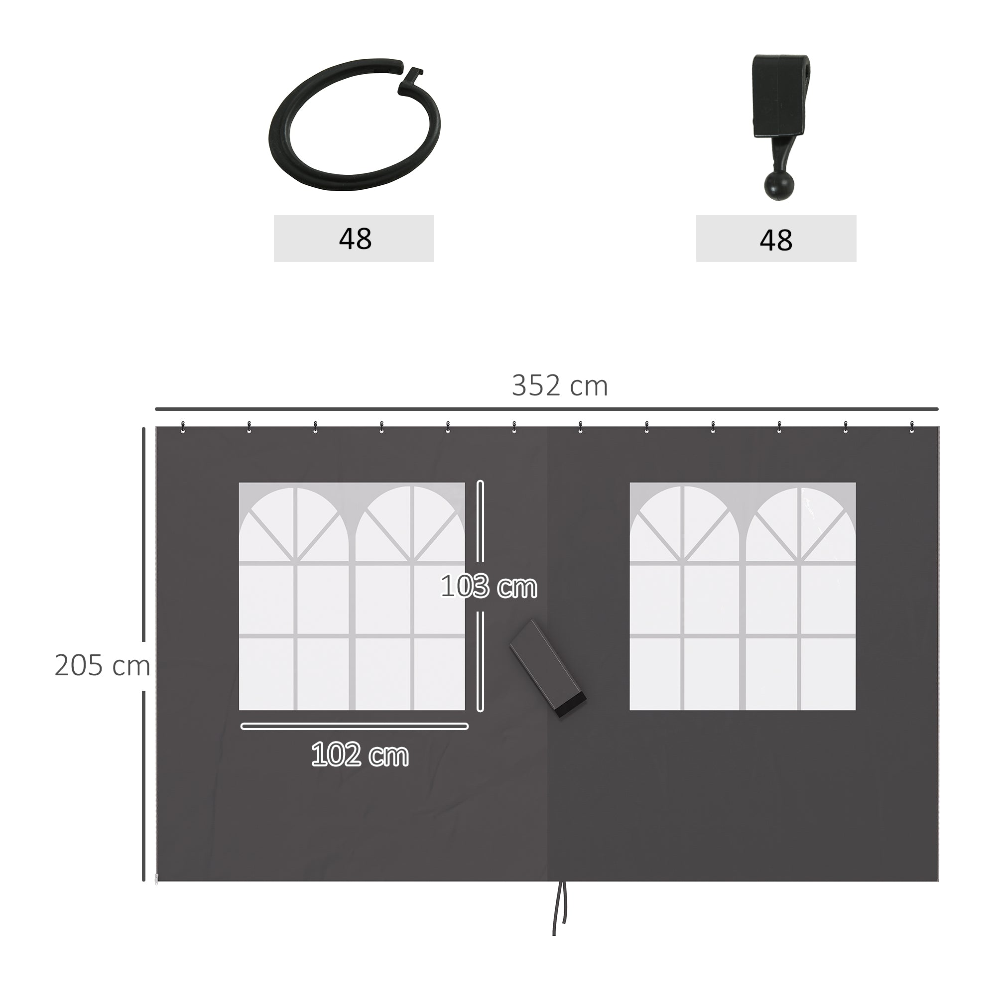 Side Panel 4-Piece Set for 3 x 4m Gazebo Side Panels with 8 Windows Velcro Fastener 352x205 cm Waterproof Stable Winterproof Side Wall Sidewalls for Party Tent Garden Gazebo Dark Grey