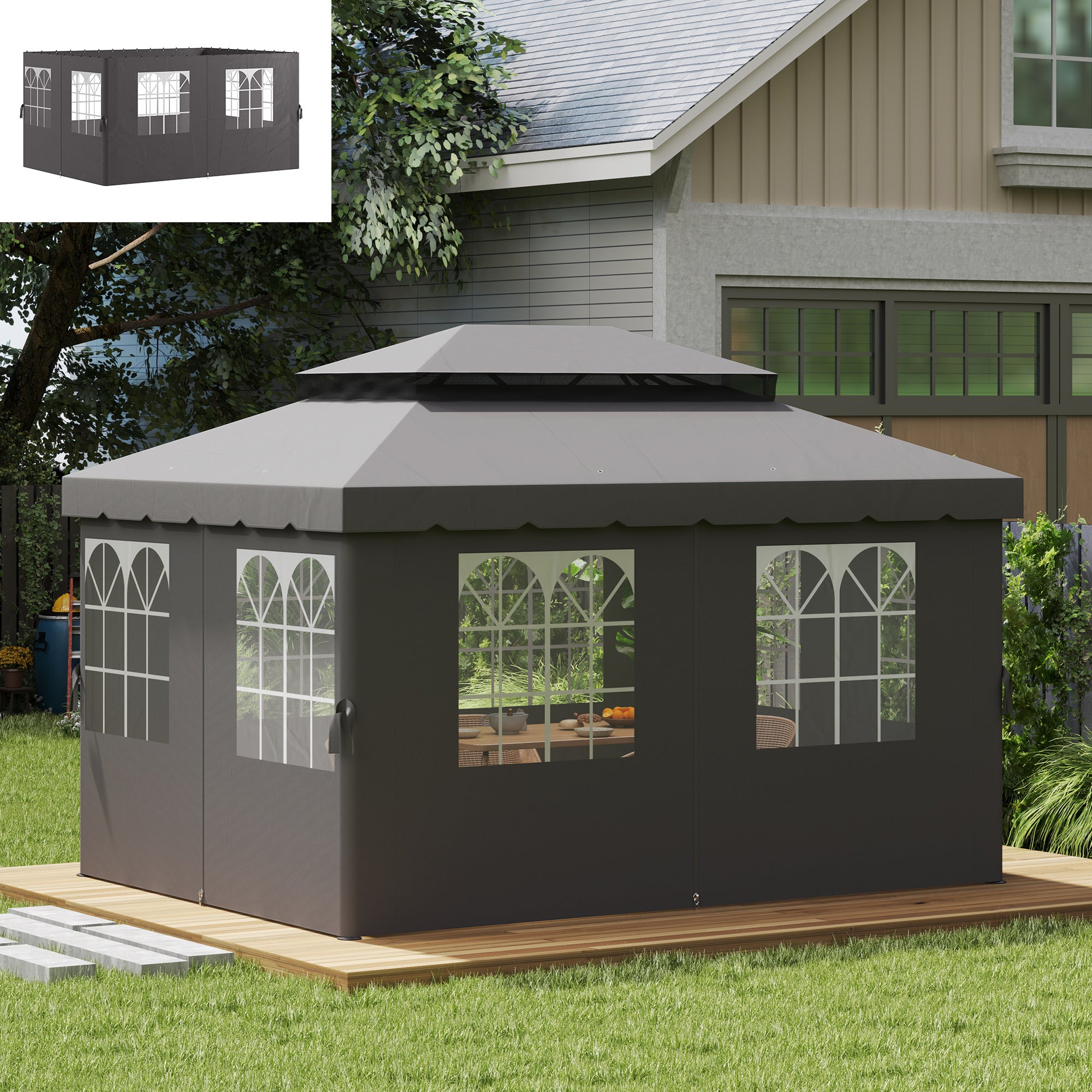 Side Panel 4-Piece Set for 3 x 4m Gazebo Side Panels with 8 Windows Velcro Fastener 352x205 cm Waterproof Stable Winterproof Side Wall Sidewalls for Party Tent Garden Gazebo Dark Grey