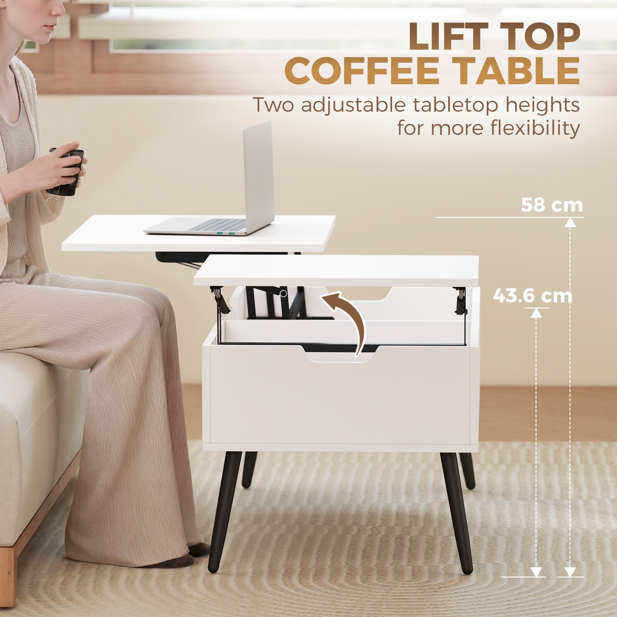 Lift-Top Coffee Table with Dual Tops & Hidden Compartment, Modern Metal-Leg Living Room Table for Home & Office — 39.4 x 19.7 x 17.2–22.8 in (100 x 50 x 43.6–58 cm), White