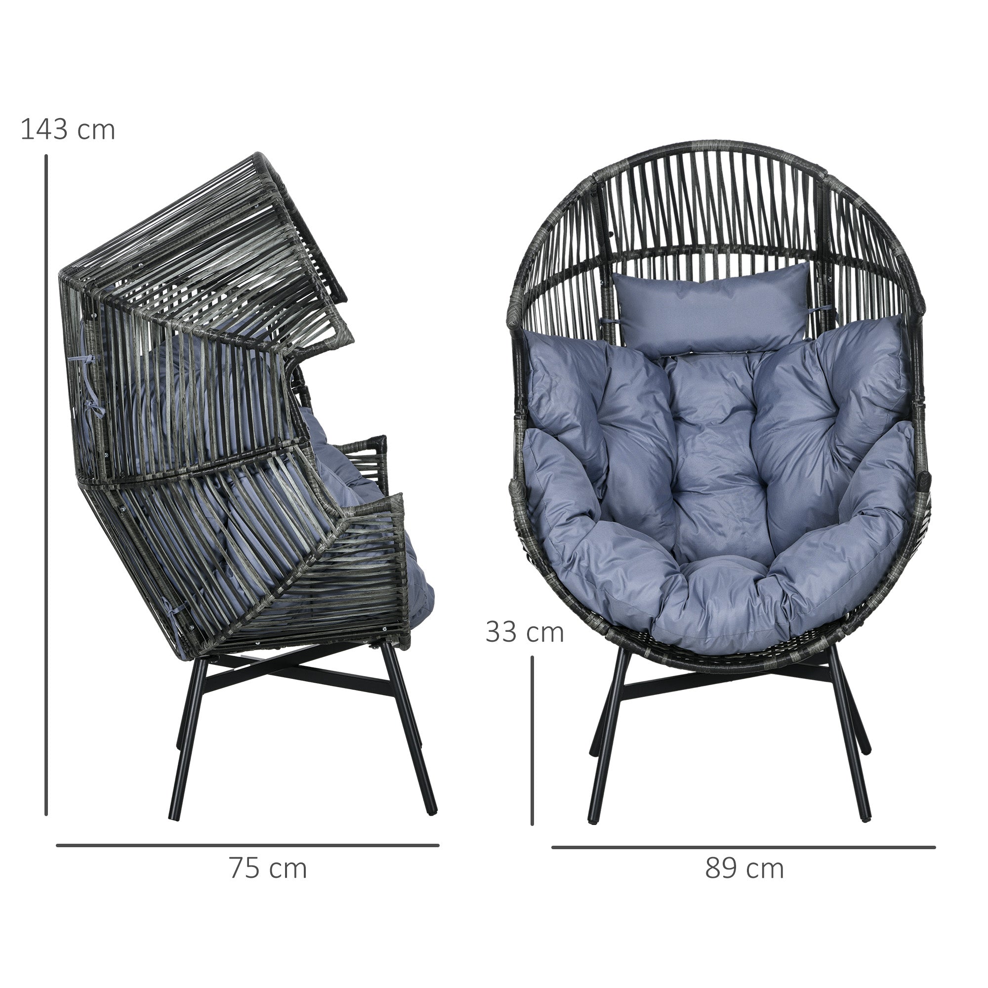 Rattan Chair, Rattan Wicker Chair with Thick Seat Cushion, Egg-shape Garden Chair, Supports 120kg, for Patio, Garden, Gray