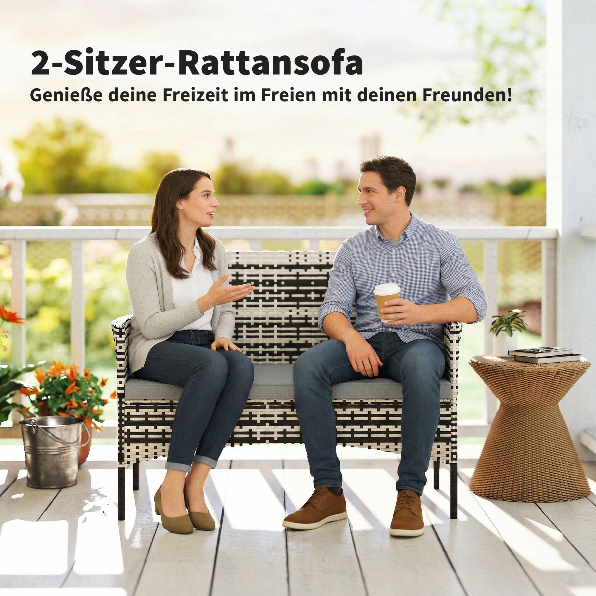 2-Seater Rattan Garden Sofa with Cushions — Weatherproof Outdoor Loveseat, Light Gray